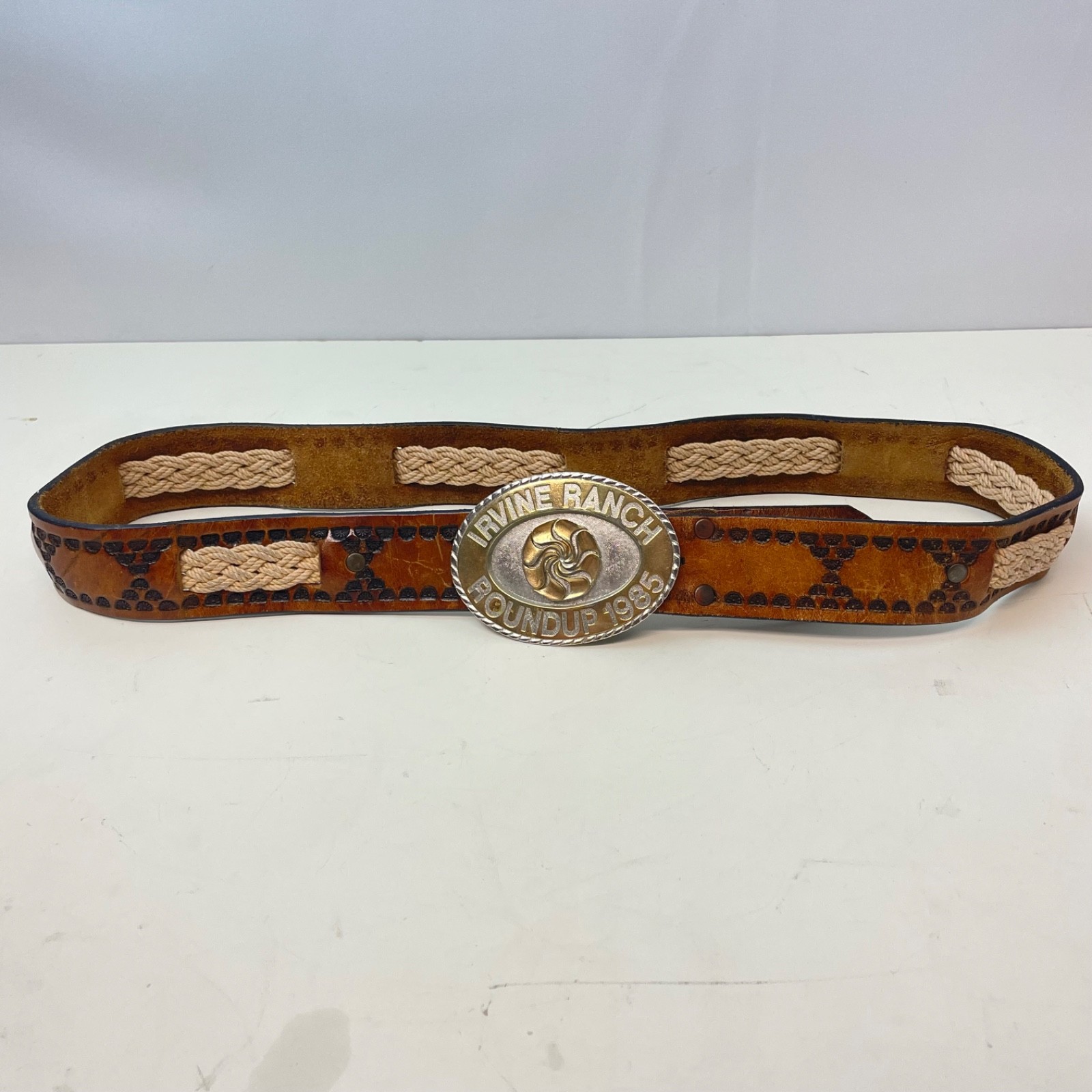 Vtg Irvine Ranch Roundup 1985 Leather Belt and Pewter Buckle Vtg Irvine Ranch Roundup 1985 Leather Belt and Pewter Buckle