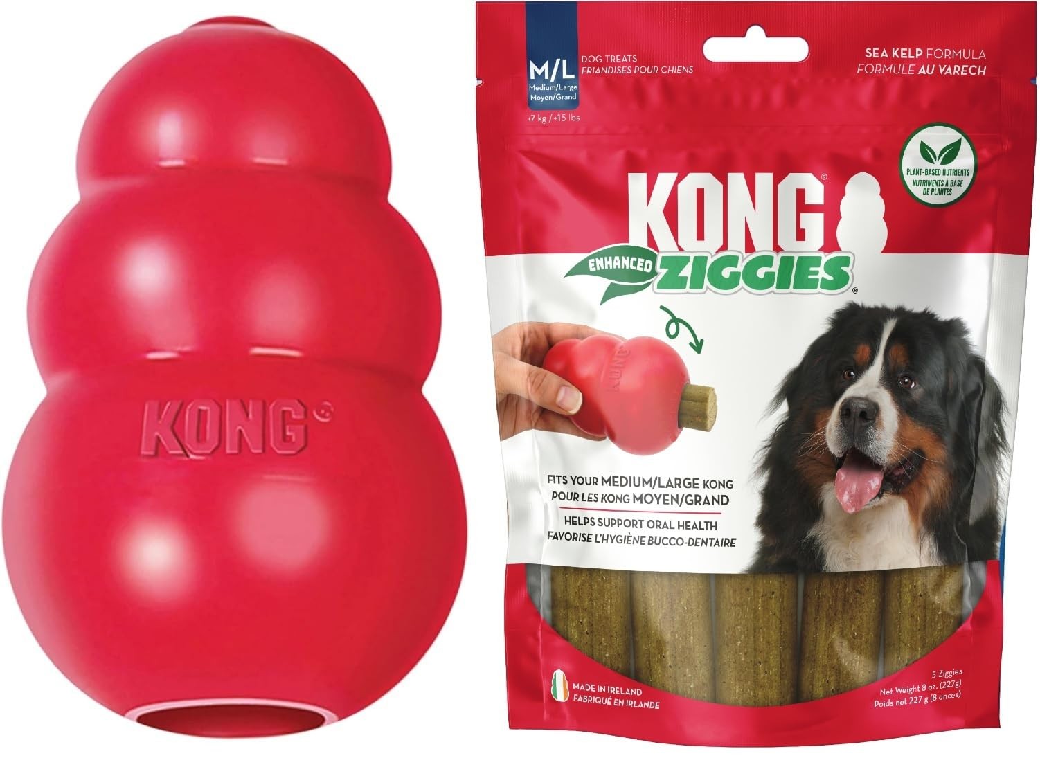 KONG Classic Toy & Enhanced Ziggies Treats Combo Pack - Durable Chew Toy for Dog