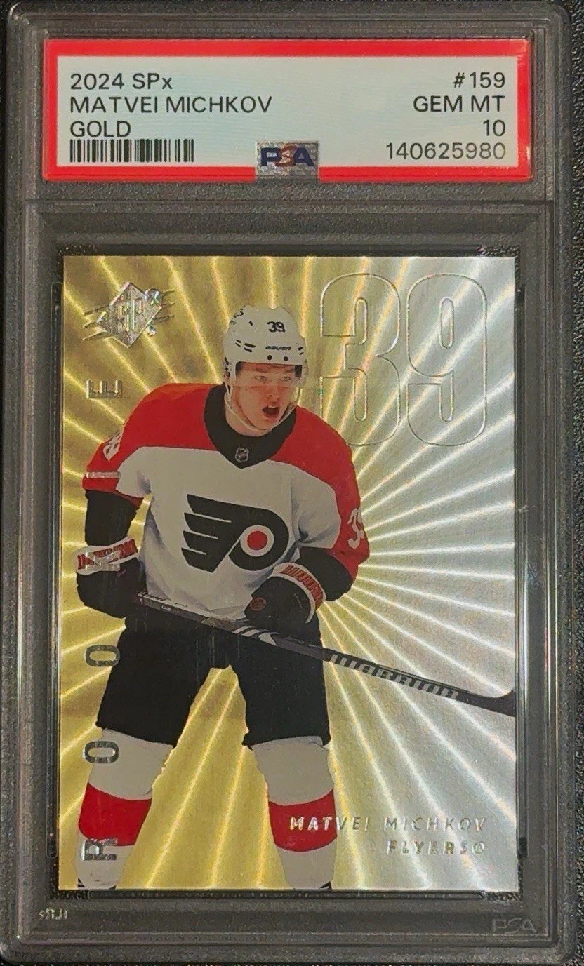 Upper Deck 2024-25 SPx Extended Rookies Matvei Michkov Gold #159 PSA 10 Upper Deck 2024-25 SPx Extended Rookies Matvei Michkov Gold #159 PSA 10