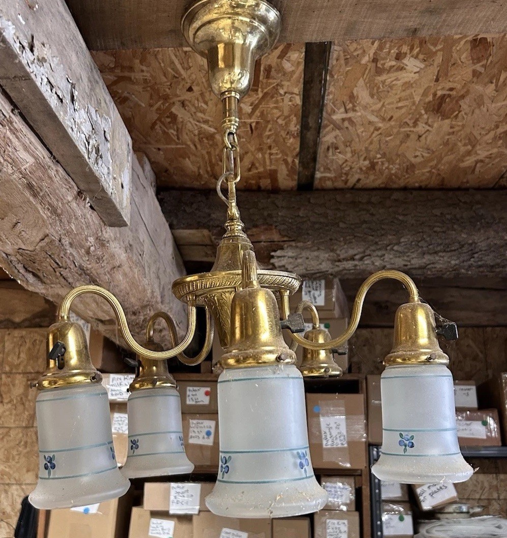 Antique Brass Pan Chandelier W/ Frosted Hand Painted Shades 1 Missing 1910s Antique Brass Pan Chandelier W/ Frosted Hand Painted Shades 1 Missing 1910s