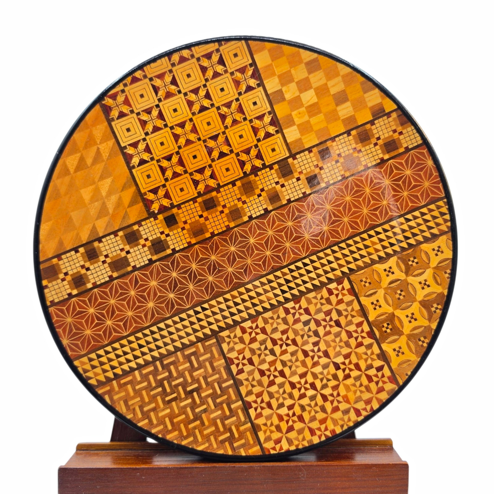 Vintage Japanese Hakone yosegi-zaiku wooden round plate tray 10 inches Vintage Japanese Hakone yosegi-zaiku wooden round plate tray 10 inches