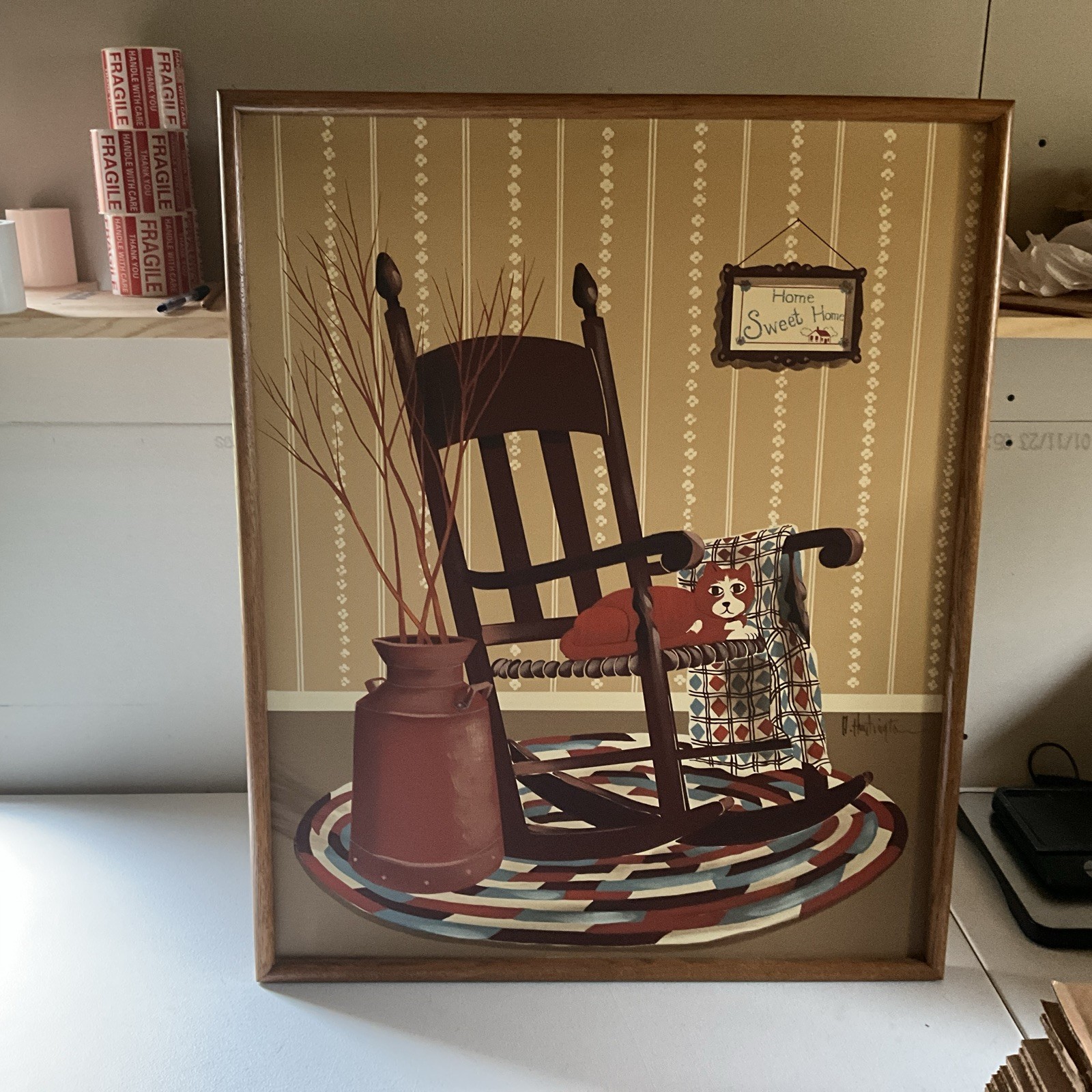 H. Huntington Primitive Folk Art Painting Rocking Chair & Cat 33”x27” 