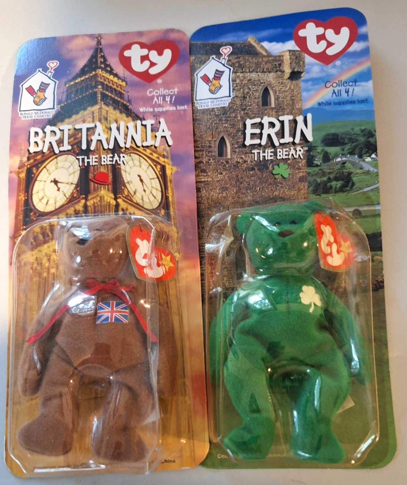 Lot of 2 Ty Beanie Babies 1997 McDonald\'s RMHC Bears - Britannia Erin NEW SEALED