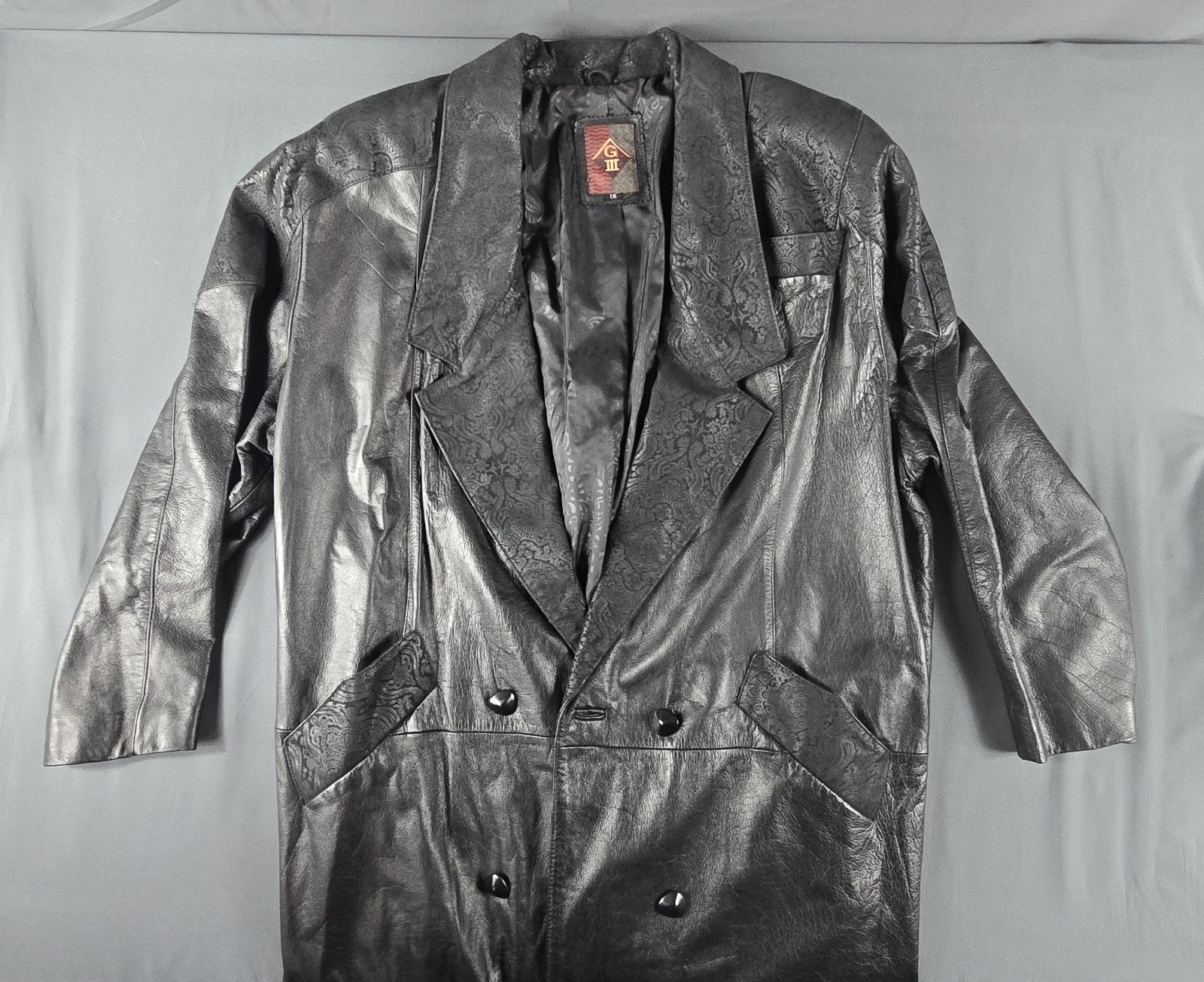 VTG Global Identity Leathers G-III Trench Coat Womens 1X Black Paisley Embossed