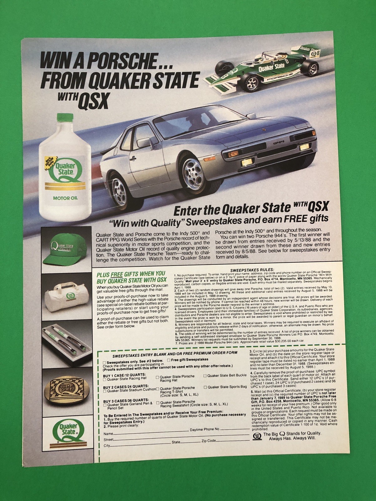 PORSCHE 944 INDY 500 RACE CAR VINTAGE ORIGINAL PRINT AD ADVERTISEMENT PRINTED A1