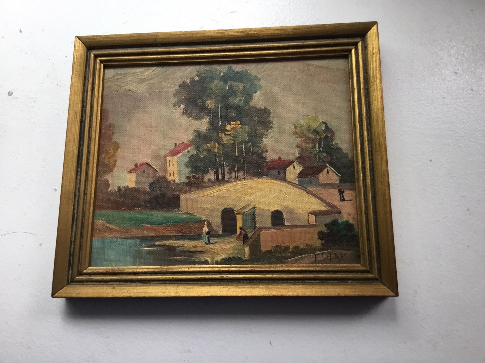 Small Oil Painting Signed Vintage Trenton NJ Framing Sticker Kalen’s Frame Shop