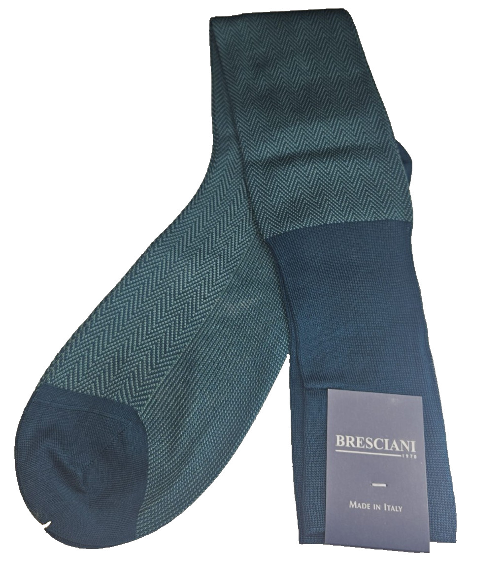 BRESCIANI Men Italian Socks 100% Cotton Size L Peacock Blue/Mint New With Tags
