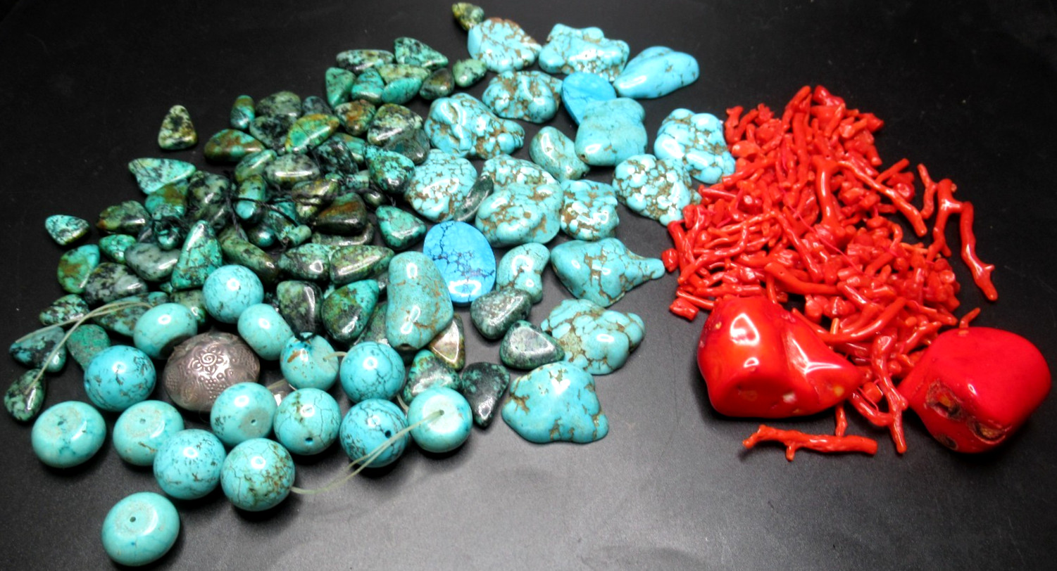 Gorgeous Lot of Genuine Coral & Turquoise Stones & Beads W/ Sterling Bead