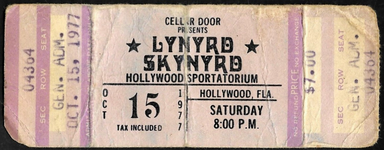 LYNYRD SKYNYRD CONCERT COMPLETE TICKET OCT 15TH, 1977 HOLLYWOOD FLA SPORTATORIUM LYNYRD SKYNYRD CONCERT COMPLETE TICKET OCT 15TH, 1977 HOLLYWOOD FLA SPORTATORIUM