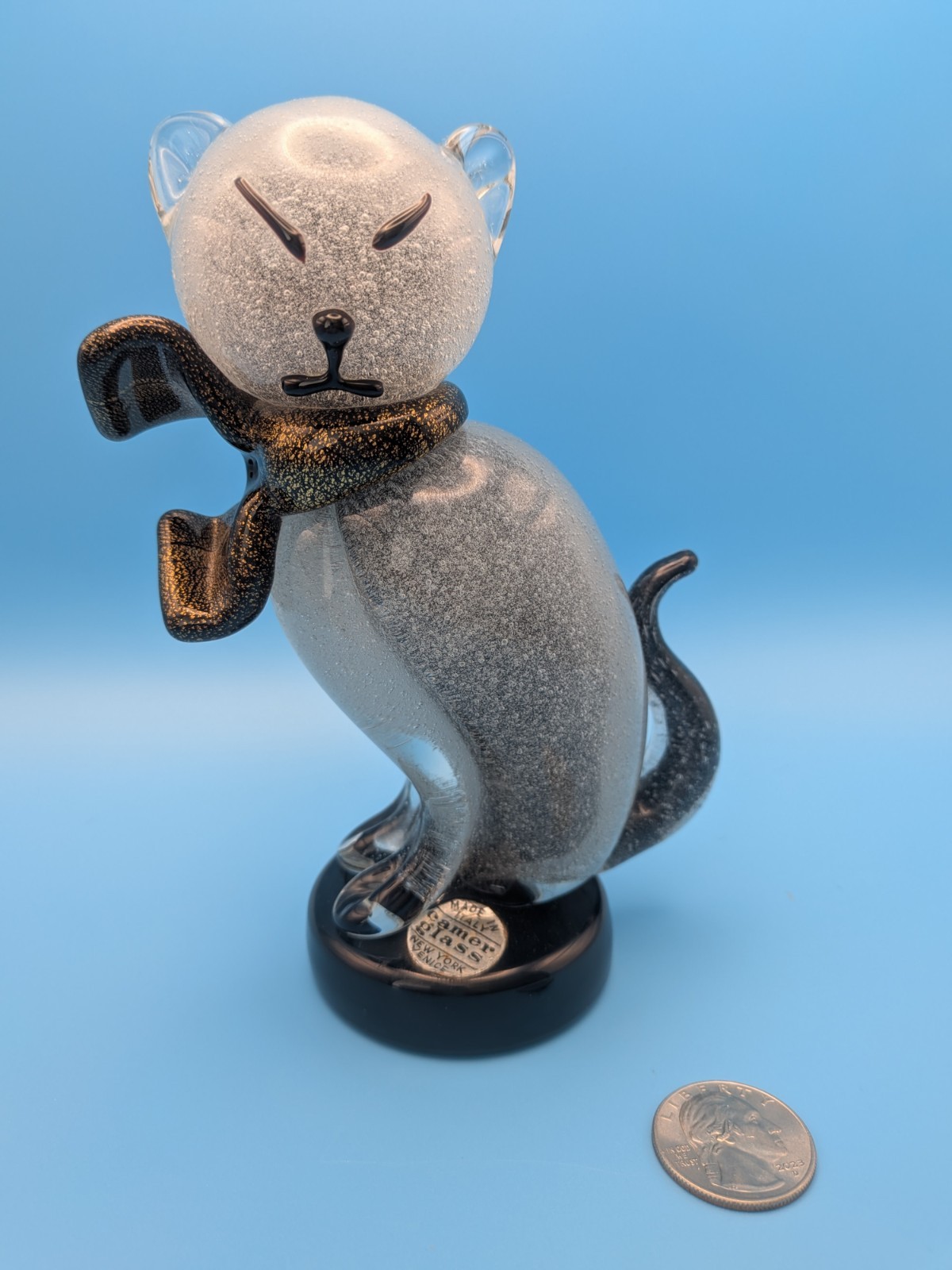 Vintage Alfredo Barbini Murano Glass Cat Figurine - Grey Pulegoso Glass Italy
