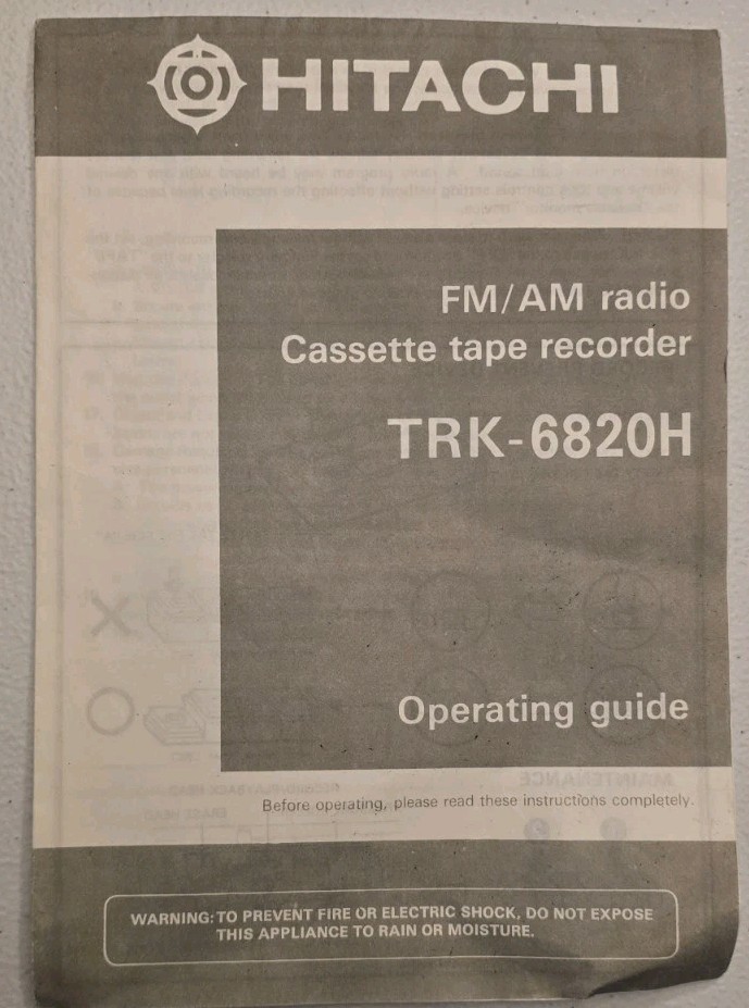 Vtg HITACHI TRK-6820H AM/FM Radio Cassette Player Boombox Operating Guide Rare