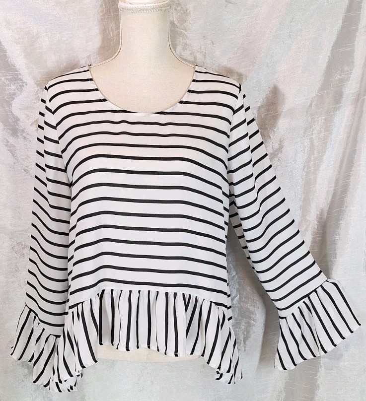 A.N.A. A New Approach SzL Semi-Sheer B&W Striped Ruffle Trim Flare Sleeve Blouse