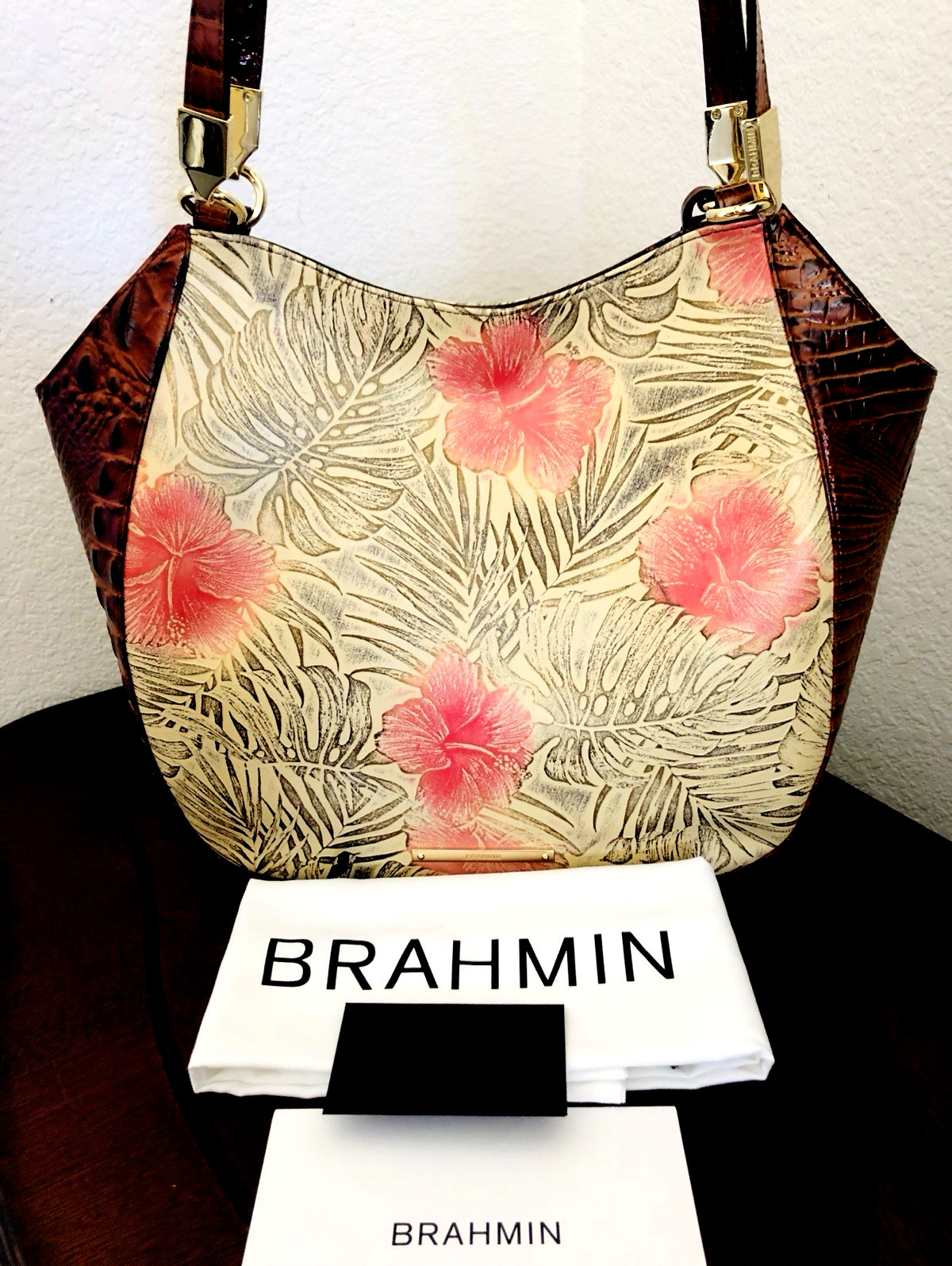 Brahmin Marianna Pecan Amina Croc Embossed Leather Bag Hawaii Flower