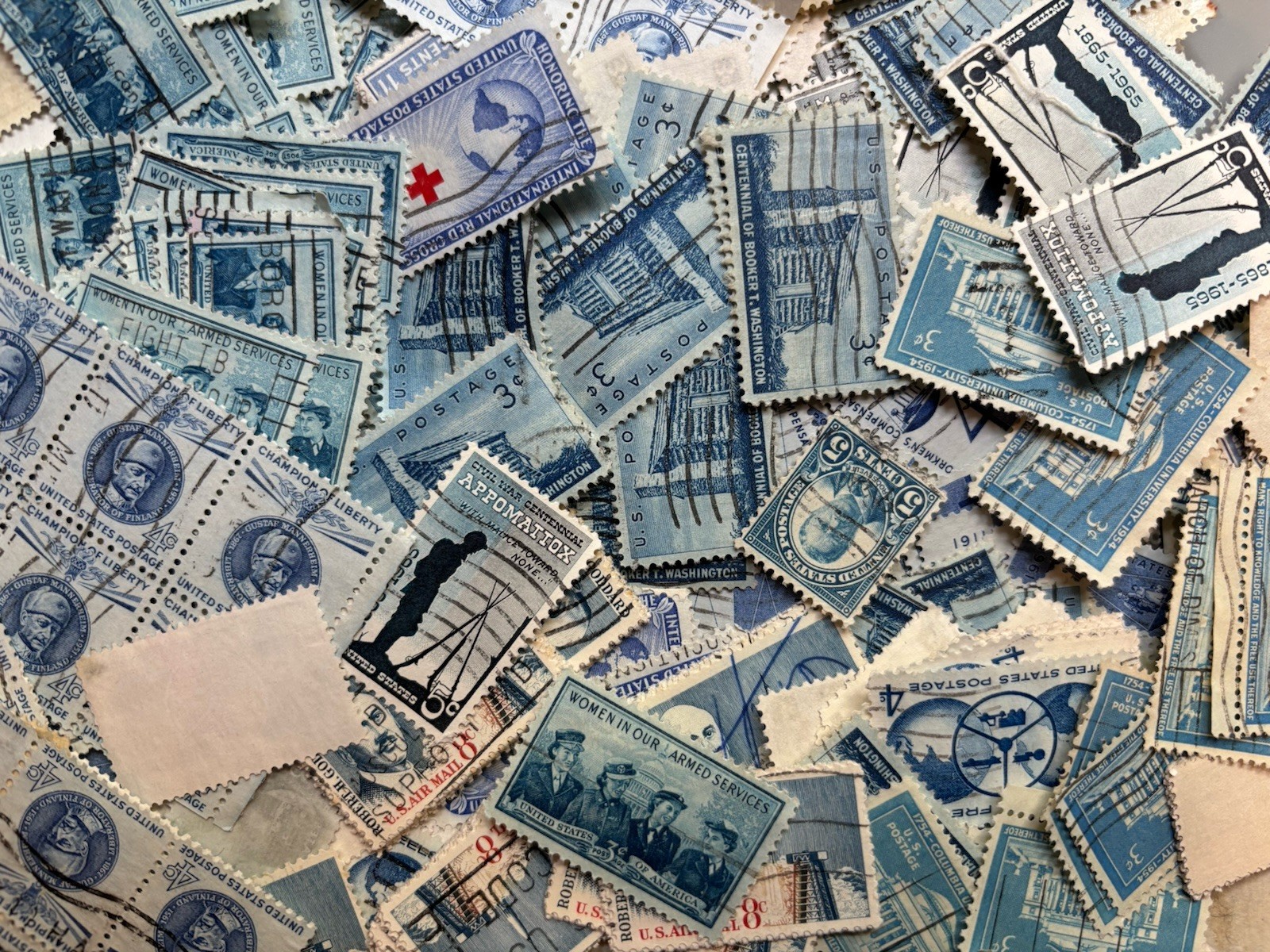 Used/Cancelled Stamps Bulk. All Blue. Variety. Approx 200 (1oz) of Stamps. USPS.