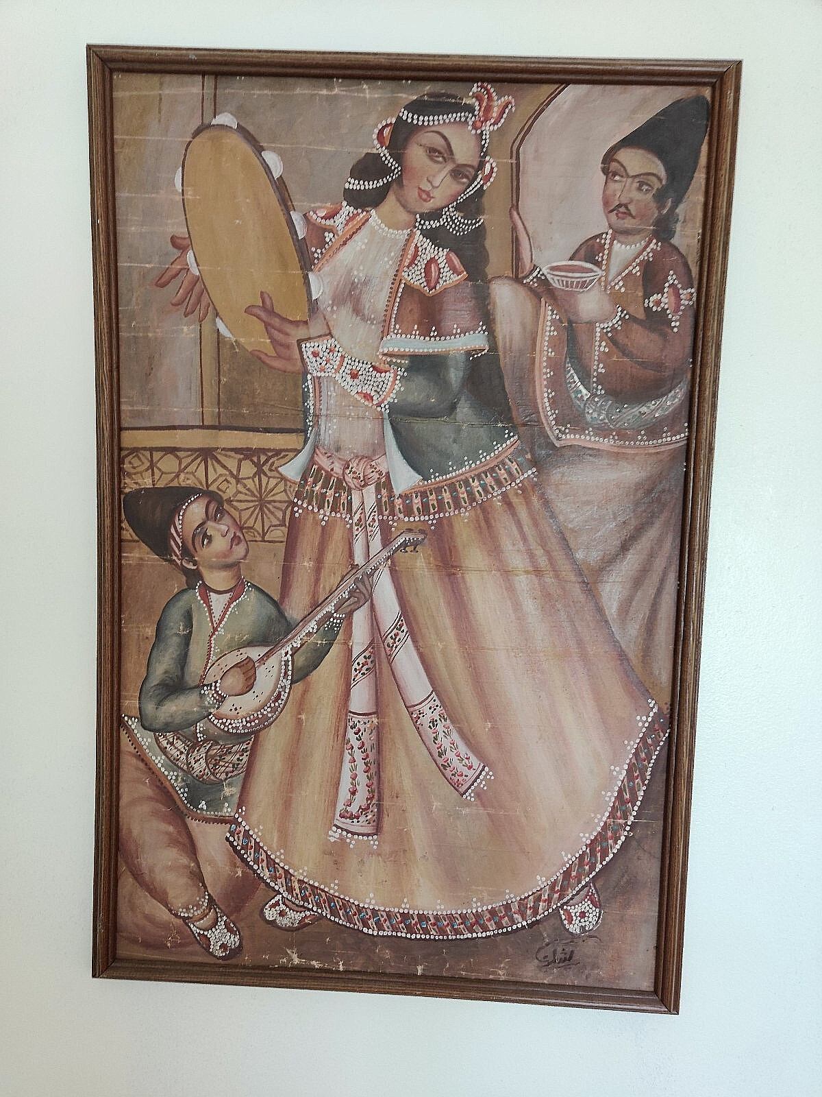 Qajar period Oil Painting   Canvas  Framed  Early 20th C - Signed Musician Motif