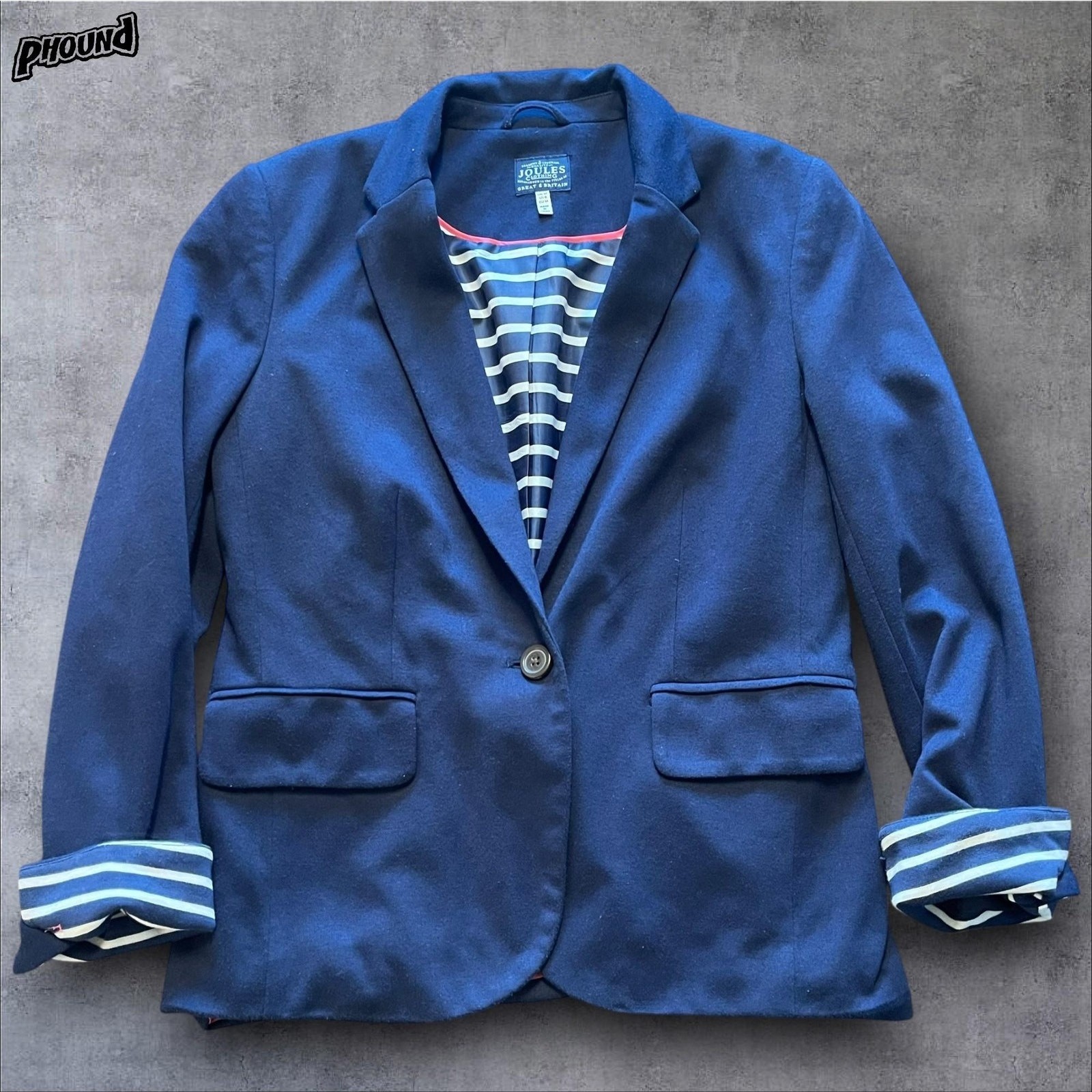 Joules Blazer Womens 8 Navy Single Button Striped Lining Notch Lapel Jacket