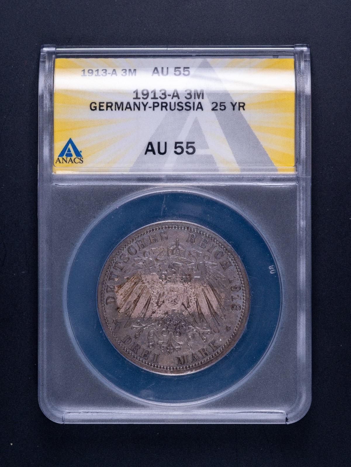 1913-A German Prussia 3 Mark 25 Yr ANACS AU55 RB626