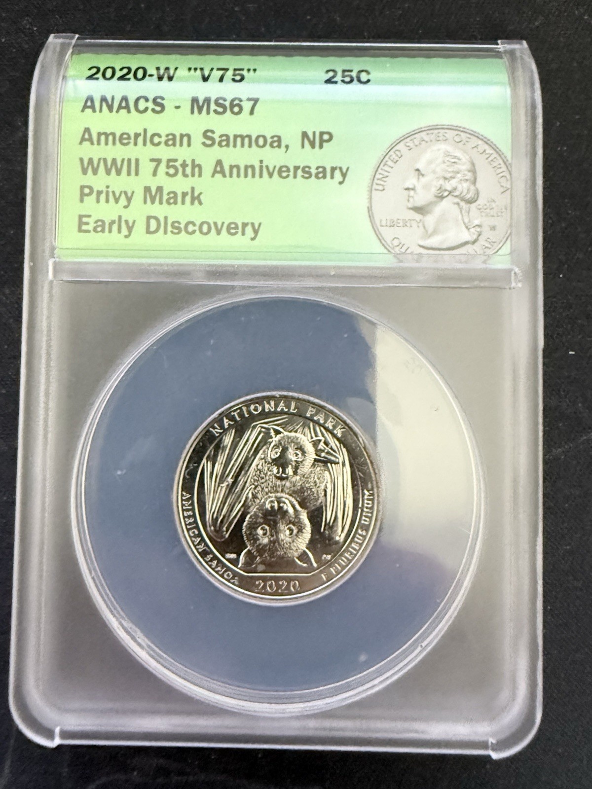 2020-W V75 American Samoa NP 25c ANACS MS 67 WWII 75th Anv Privy M & Early Discv 2020-W V75 American Samoa NP 25c ANACS MS 67 WWII 75th Anv Privy M & Early Discv