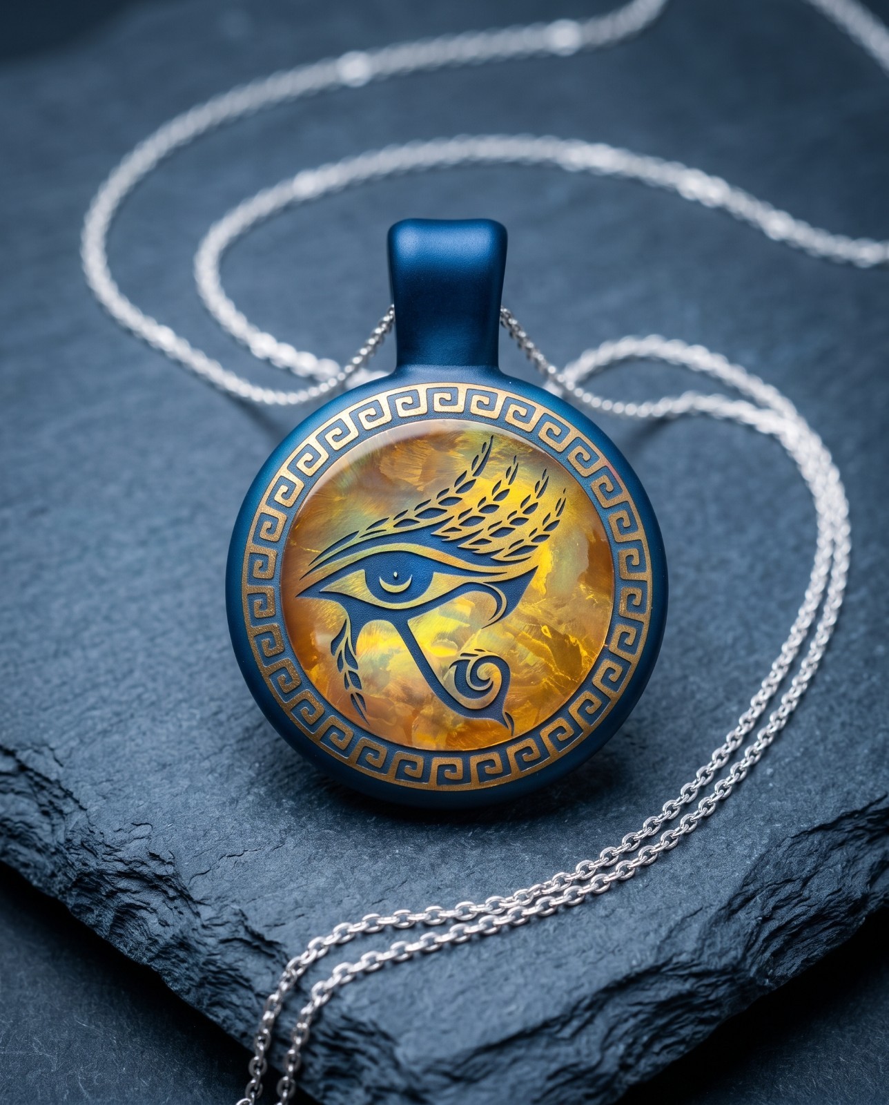 Signed Eye of Horus Glass Pendant – Matte Finish with Greek Key Border (\'21)