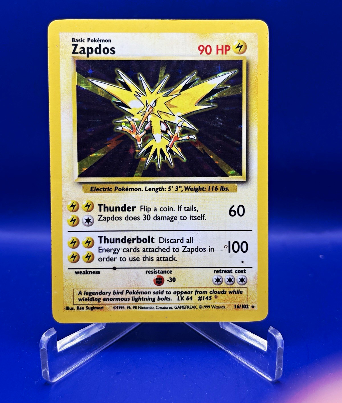 Wizards of the Coast Pokémon TCG Zapdos Base Set Holo Rare 016/102 90 HP 1999 Wizards of the Coast Pokémon TCG Zapdos Base Set Holo Rare 016/102 90 HP 1999