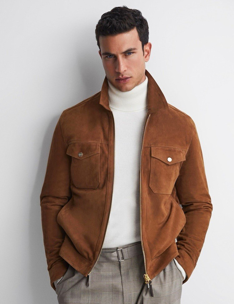 REISS Men\'s Pike Suede Trucker Jacket, Tobacco, Size M — NWOT REISS Men\'s Pike Suede Trucker Jacket, Tobacco, Size M — NWOT