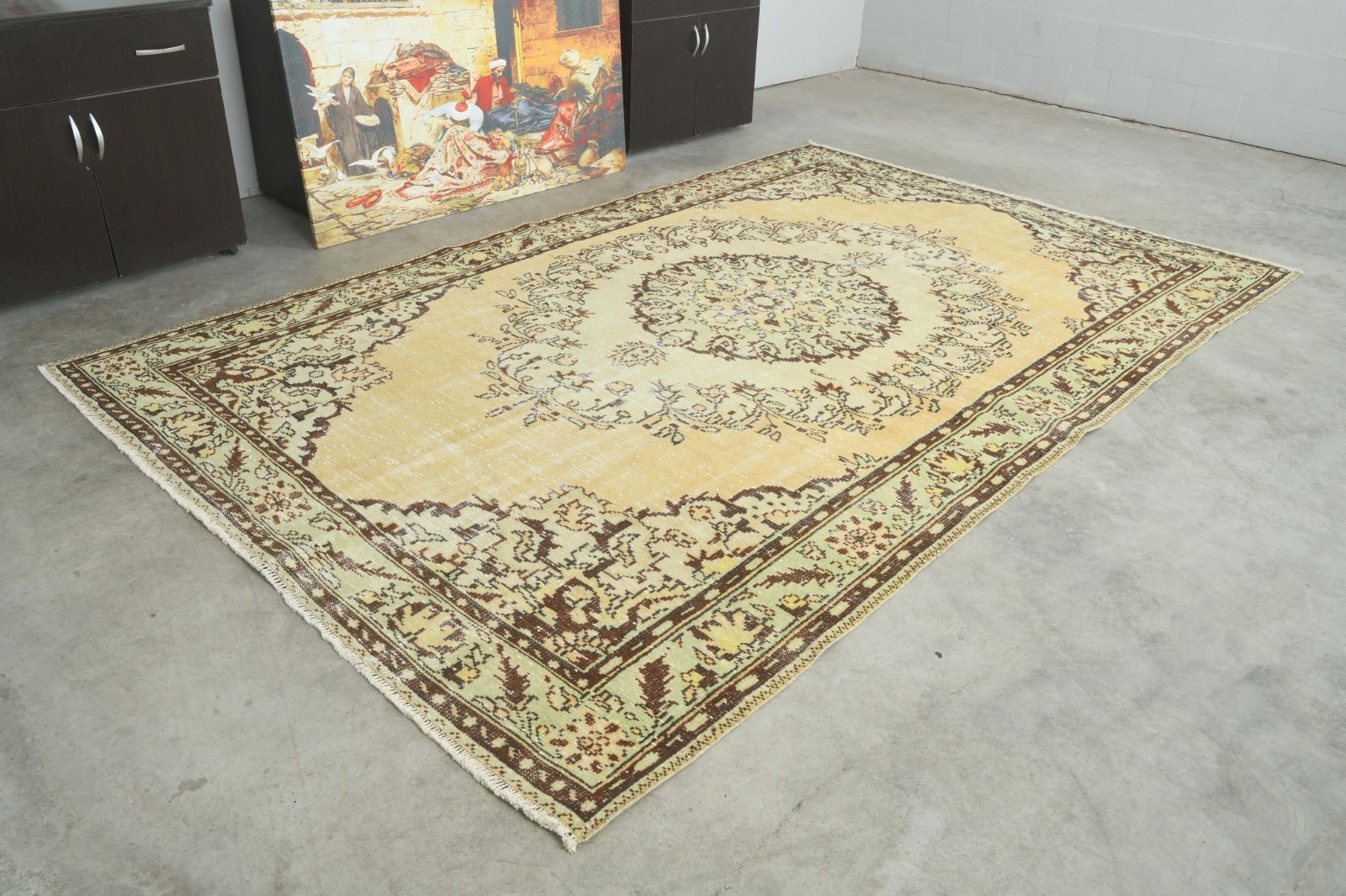 7x10 Turkish Antique Large Wool Rug Hand-Knotted Neutral Vintage Oushak Rug,370