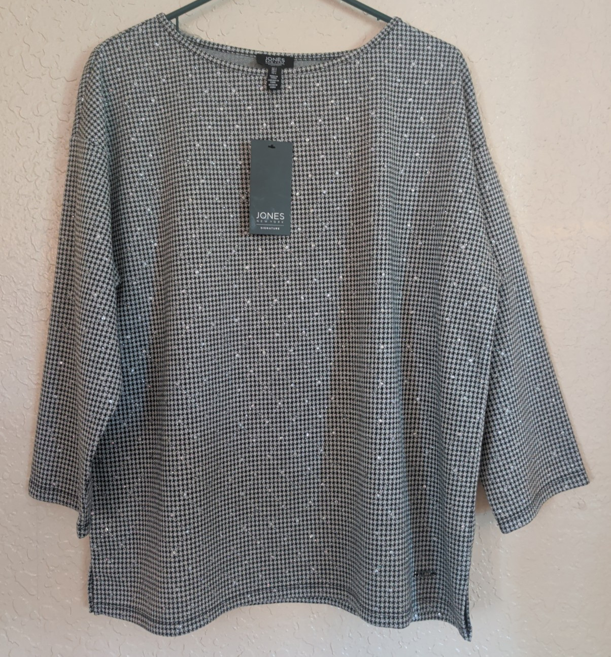 Jones New York Houndstooth 3/4 Sleeve Sparkle Top Black White Large Jones New York Houndstooth 3/4 Sleeve Sparkle Top Black White Large