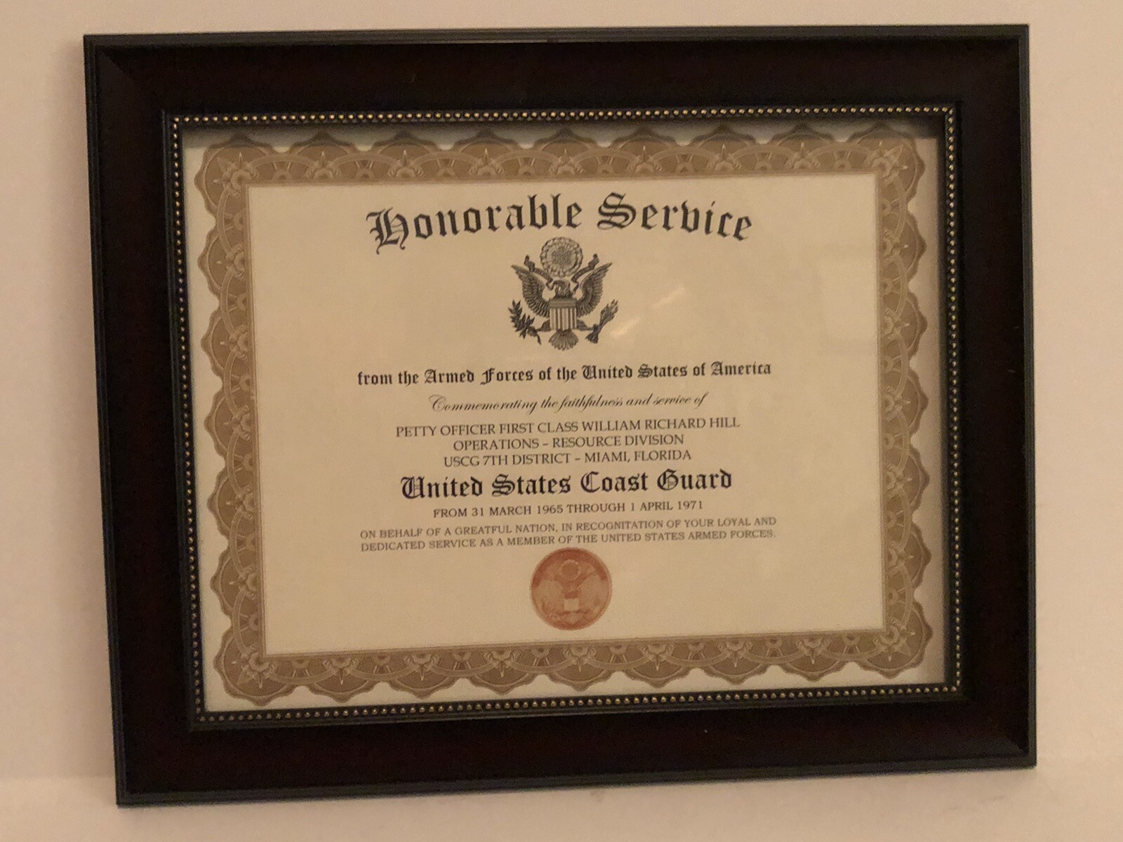 HONORABLE SERVICE~U.S. COAST GUARD - Commemorative Certificate w/Custom Printing