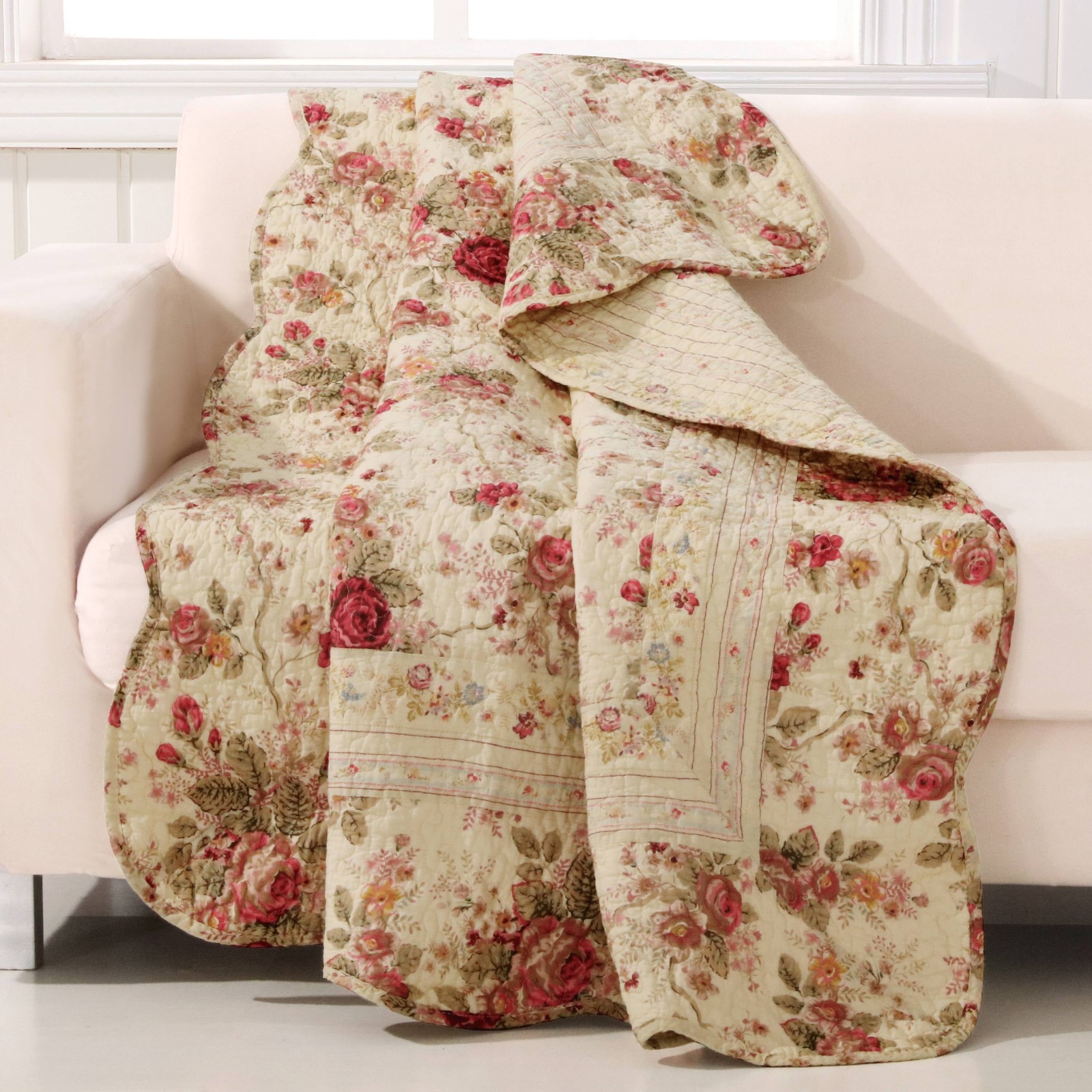 Global Trends Antique Rose Traditional Floral and Stripe 100% Cotton Throw Quilt Global Trends Antique Rose Traditional Floral and Stripe 100% Cotton Throw Quilt