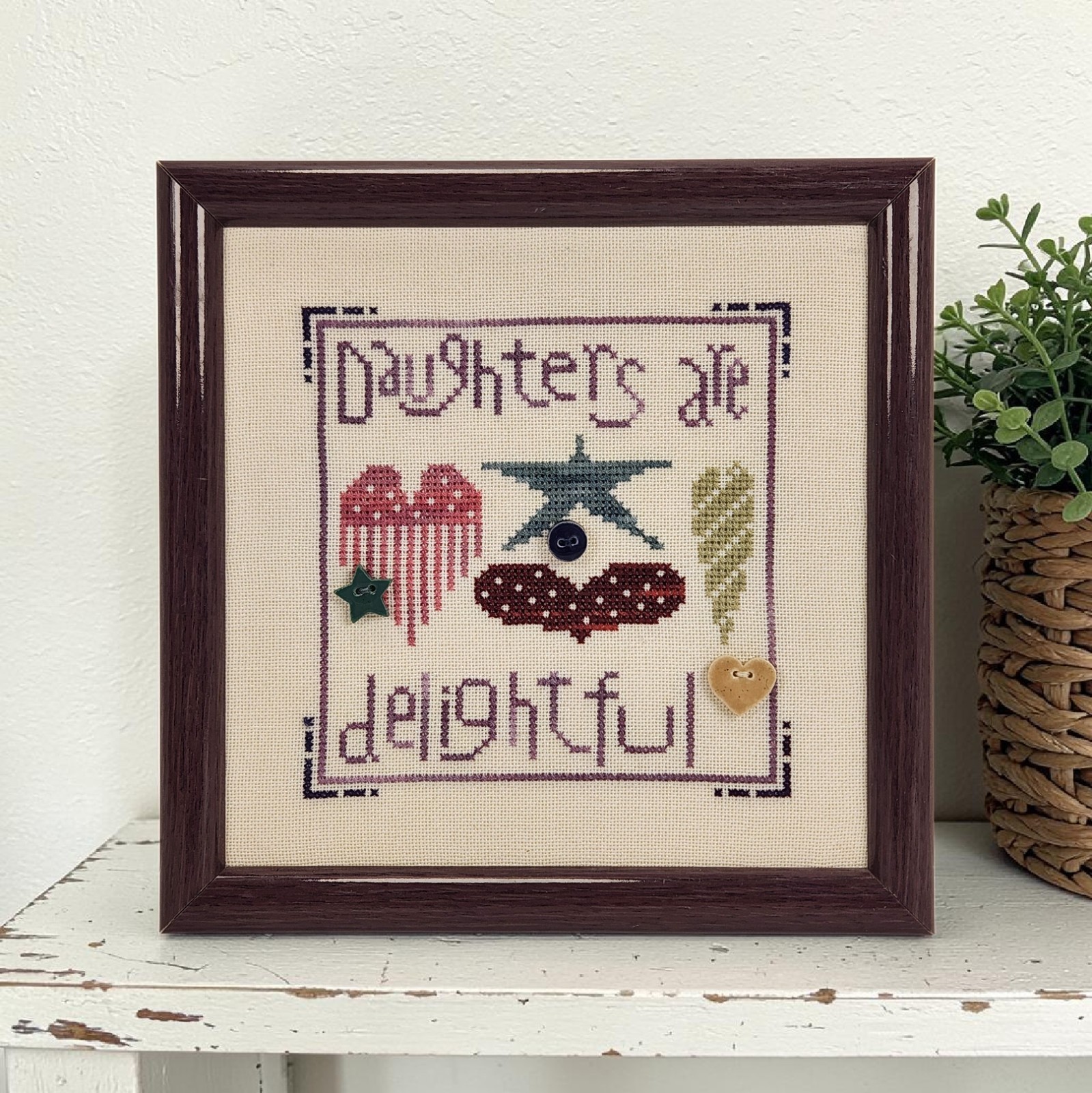 Daughters are Delightbul Framed Finished Cross Stitch Folk Art Heart Star 7.75\ Daughters are Delightbul Framed Finished Cross Stitch Folk Art Heart Star 7.75\