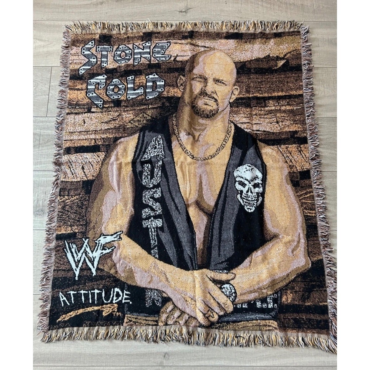Vintage WWF Stone Cold Steve Austin Woven Tapestry Throw Blanket Attitude Era Vintage WWF Stone Cold Steve Austin Woven Tapestry Throw Blanket Attitude Era