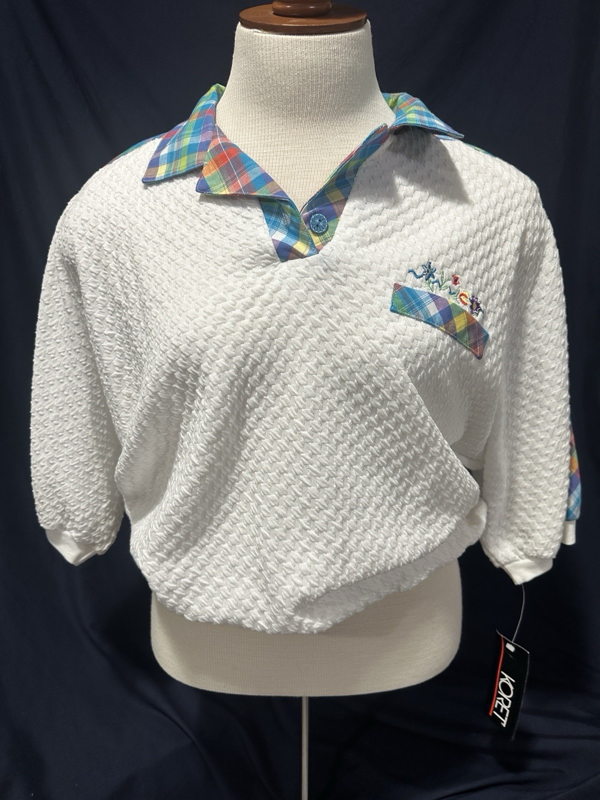Koret Vintage Grandmacore Plaid Seersucker Polo Top Small White Embroidered