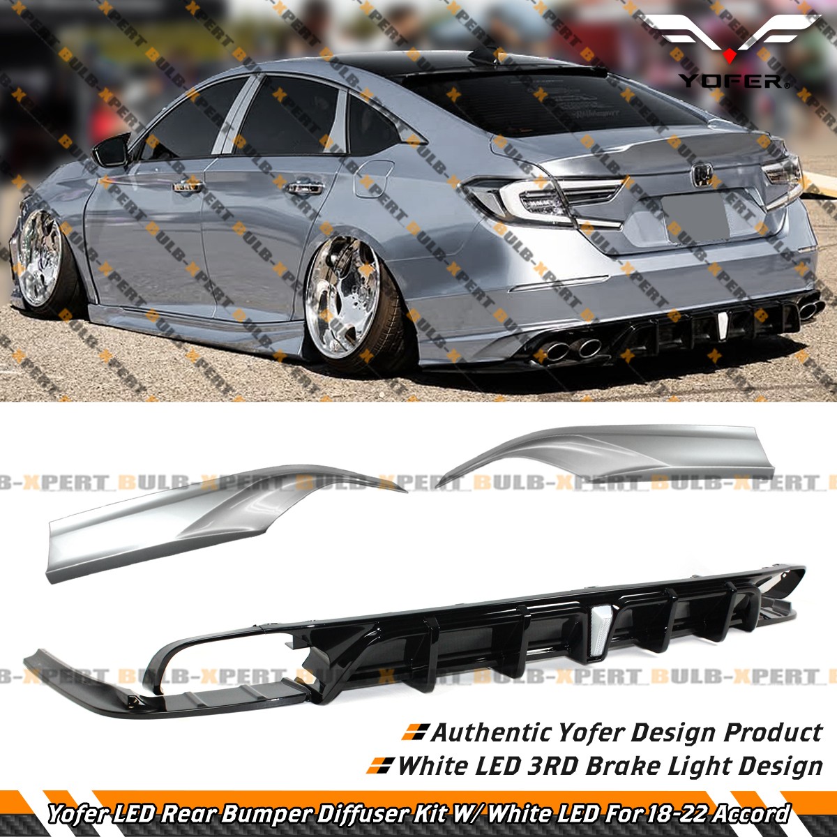 For 18-22 Accord Yofer Lunar Silver Metallic Rear Bumper Diffuser W/ White LED