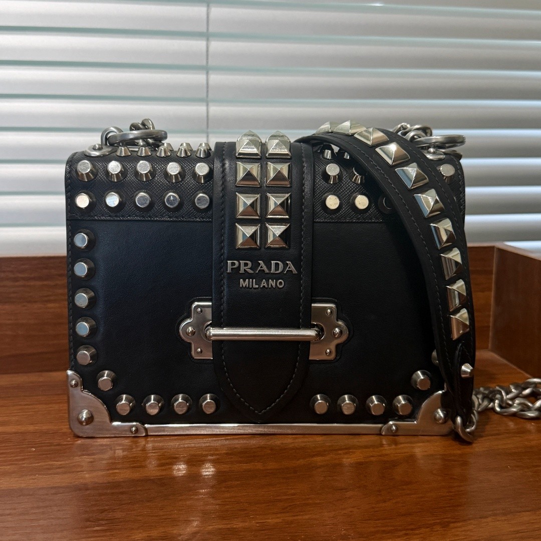 Prada Cahier Black Saffiano Leather Studded Chain Shoulder Small Bag WYSIWYG