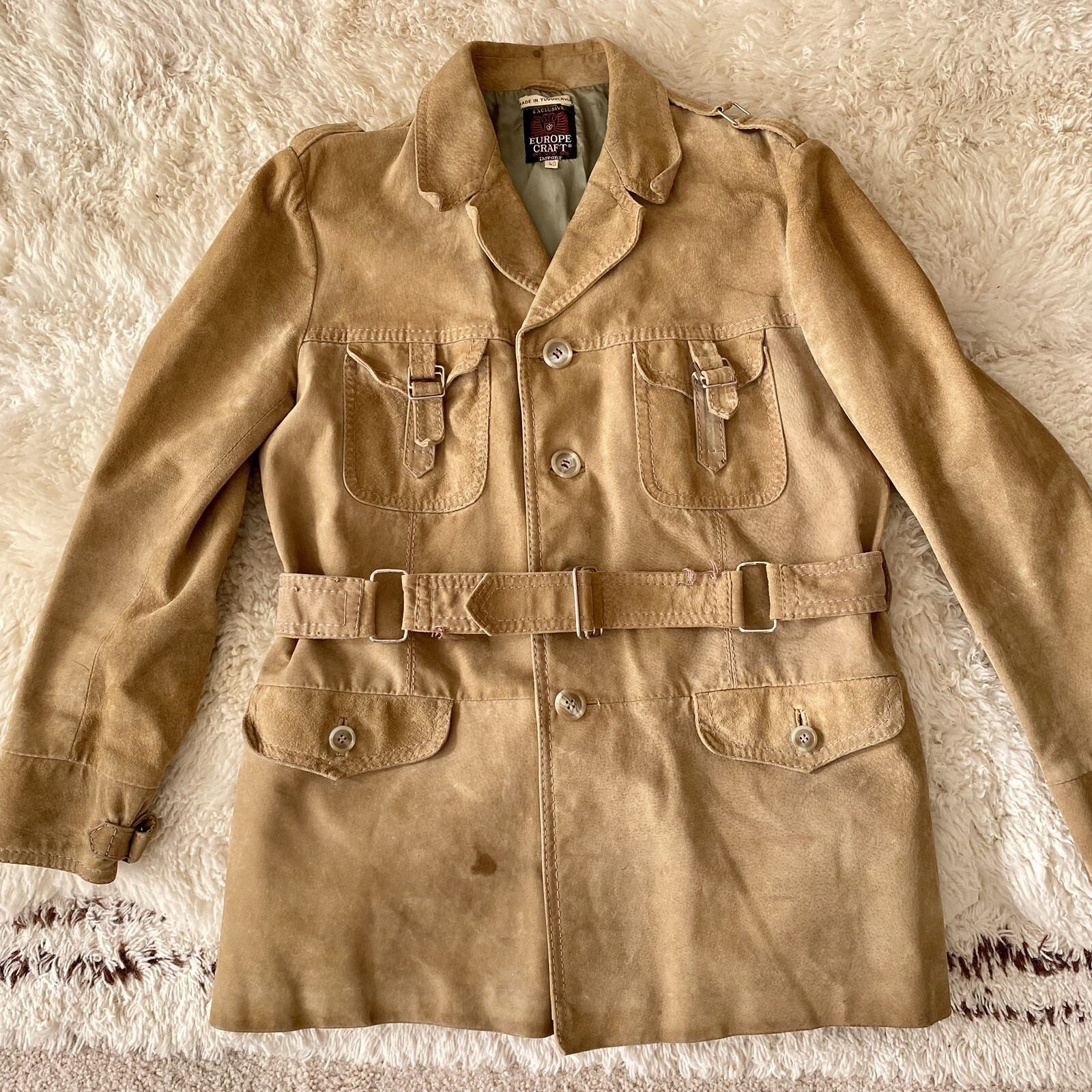 Vtg 70s Europe Craft Coat Mens 40 Belted Jacket Suede Rancher Mod