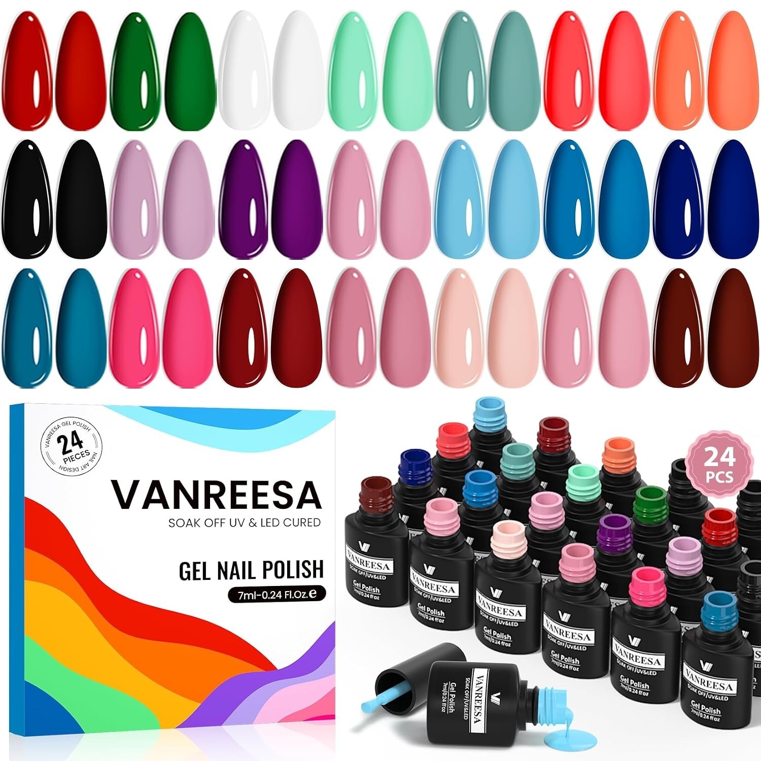 24 Pcs Gel Nail Polish Set 21 Popular Colors Gel Nail Polish Base Coat Glossy &