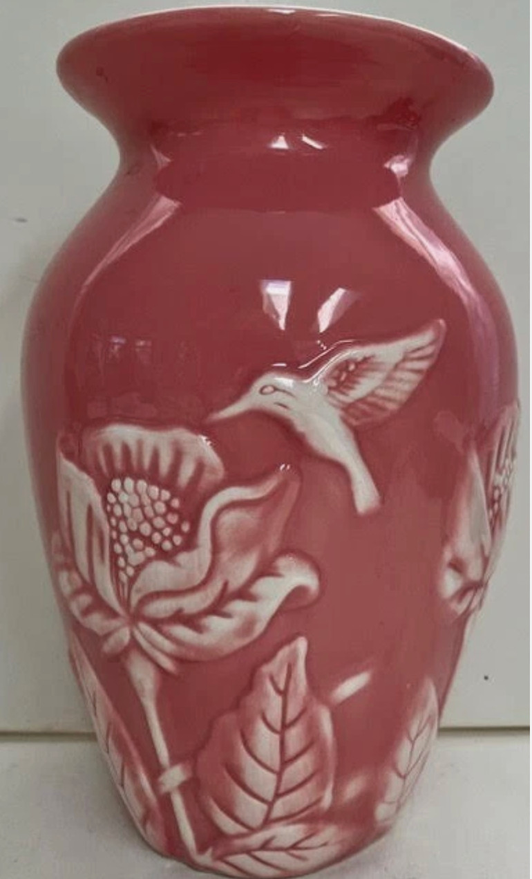 Vintage Pink Ceramic Teleflora Gift Vase With Embossed Hummingbird & Flower Desi
