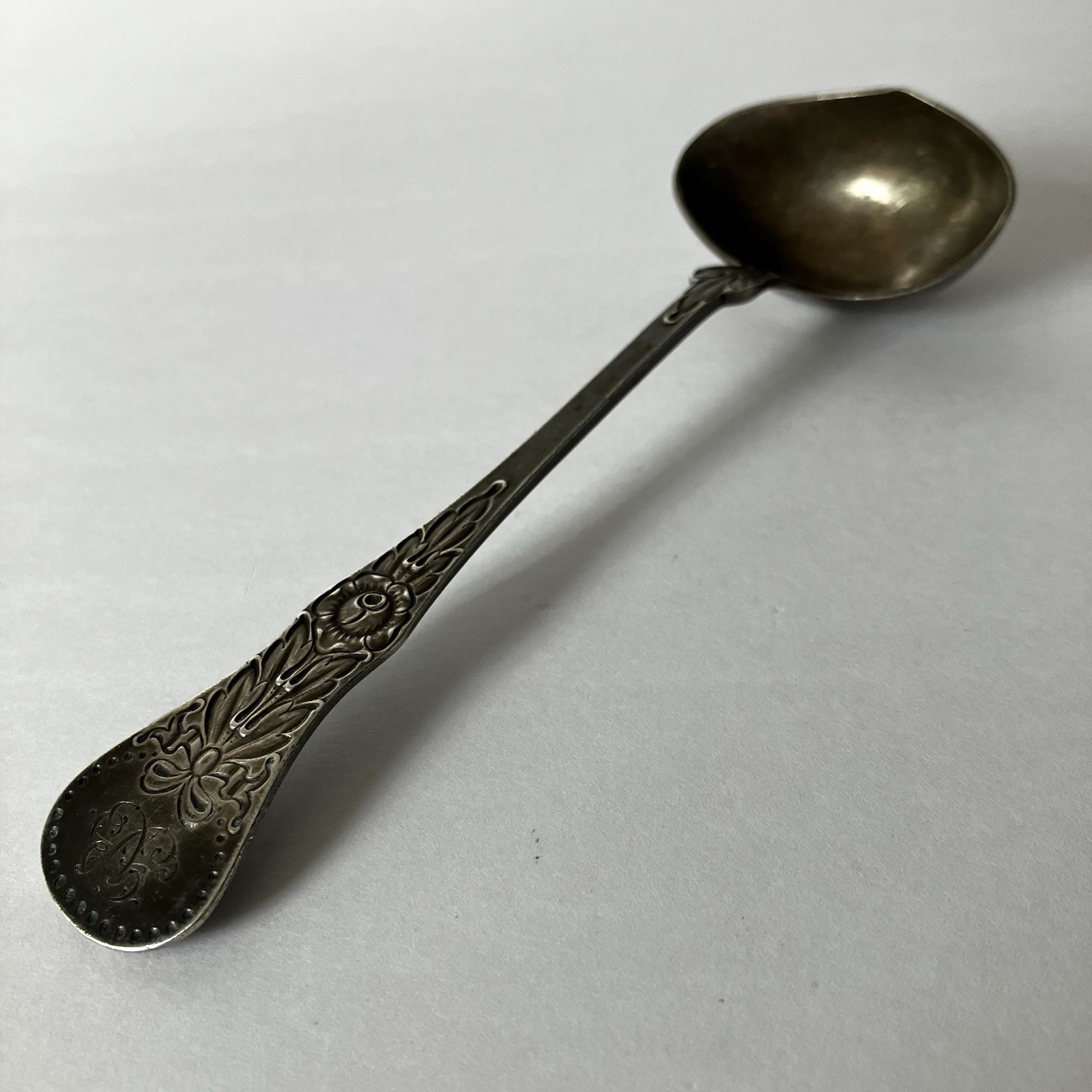 Antique 830S J Tostrup 1918 Silver Ladle Spoon Norway Old Engraved AB Mono 42 Gr