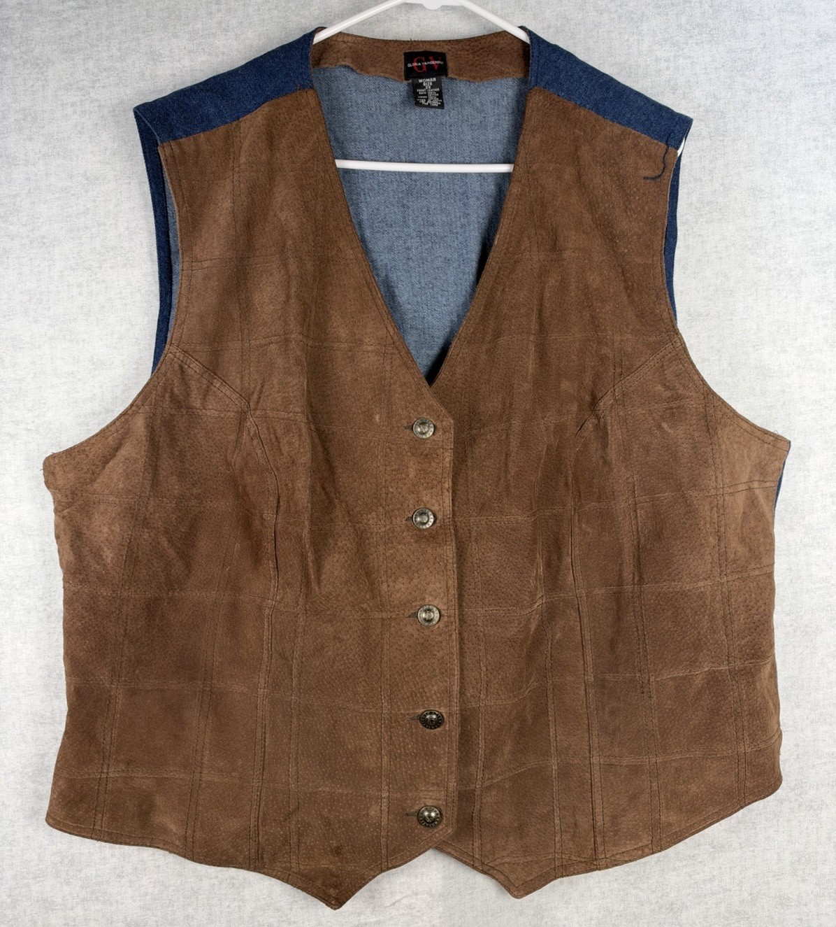 Vintage Gloria Vanderbilt Women’s 2X Leather Front Vest Blue Denim Back Western Vintage Gloria Vanderbilt Women’s 2X Leather Front Vest Blue Denim Back Western