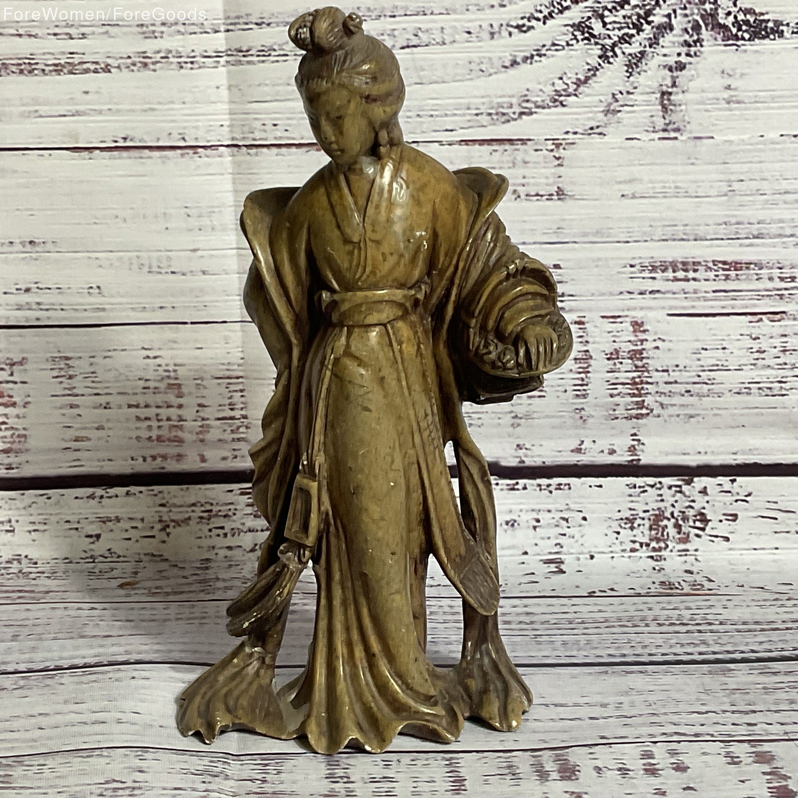Signed VTG./ANTIQUE Chinese Quan Yin Holding Basket Soapstone Figurine- 7\