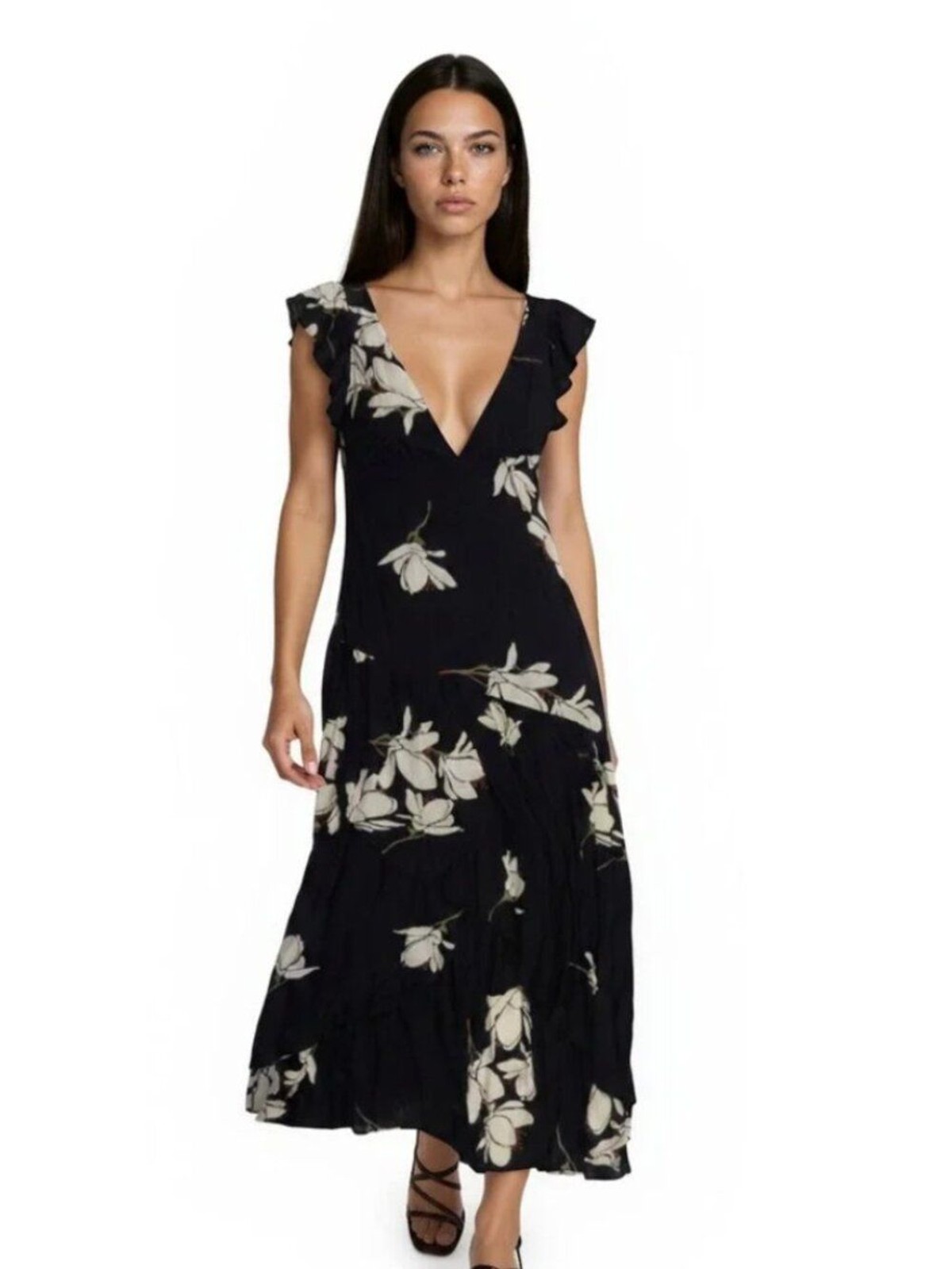 Free People Black Open Back Maxi Dress She is a Waterfall Magnolia Print Boho