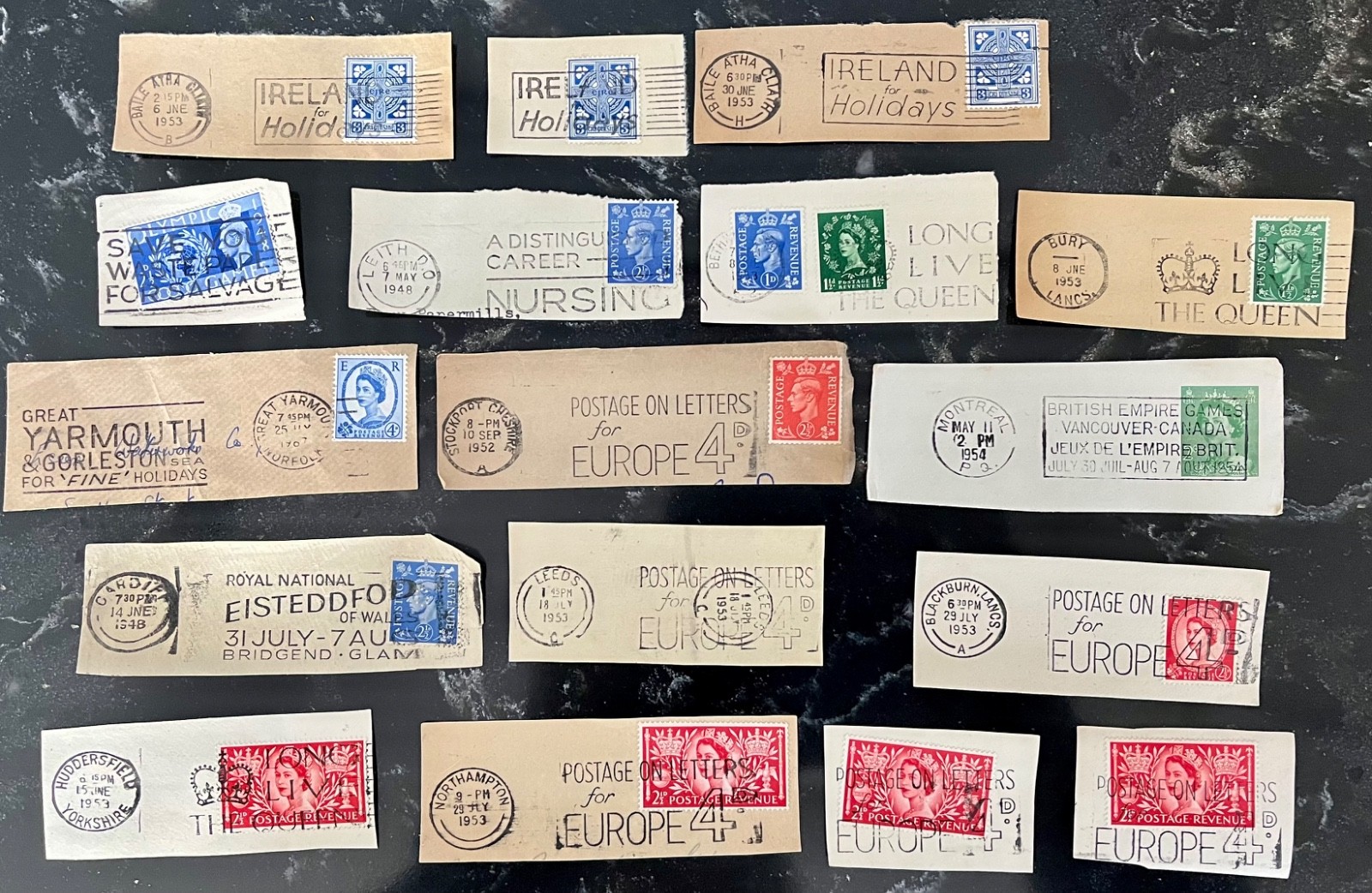 VINTAGE 1950S GREAT BRITAIN IRELAND SLOGAN POSTMARK COLLECTION KING GEORGE VI.
