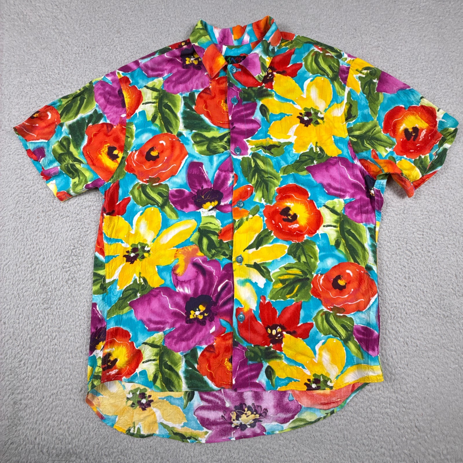 Vintage Jams World Shirt Mens Medium Hawaiian Aloha Floral Button Trisha Loud