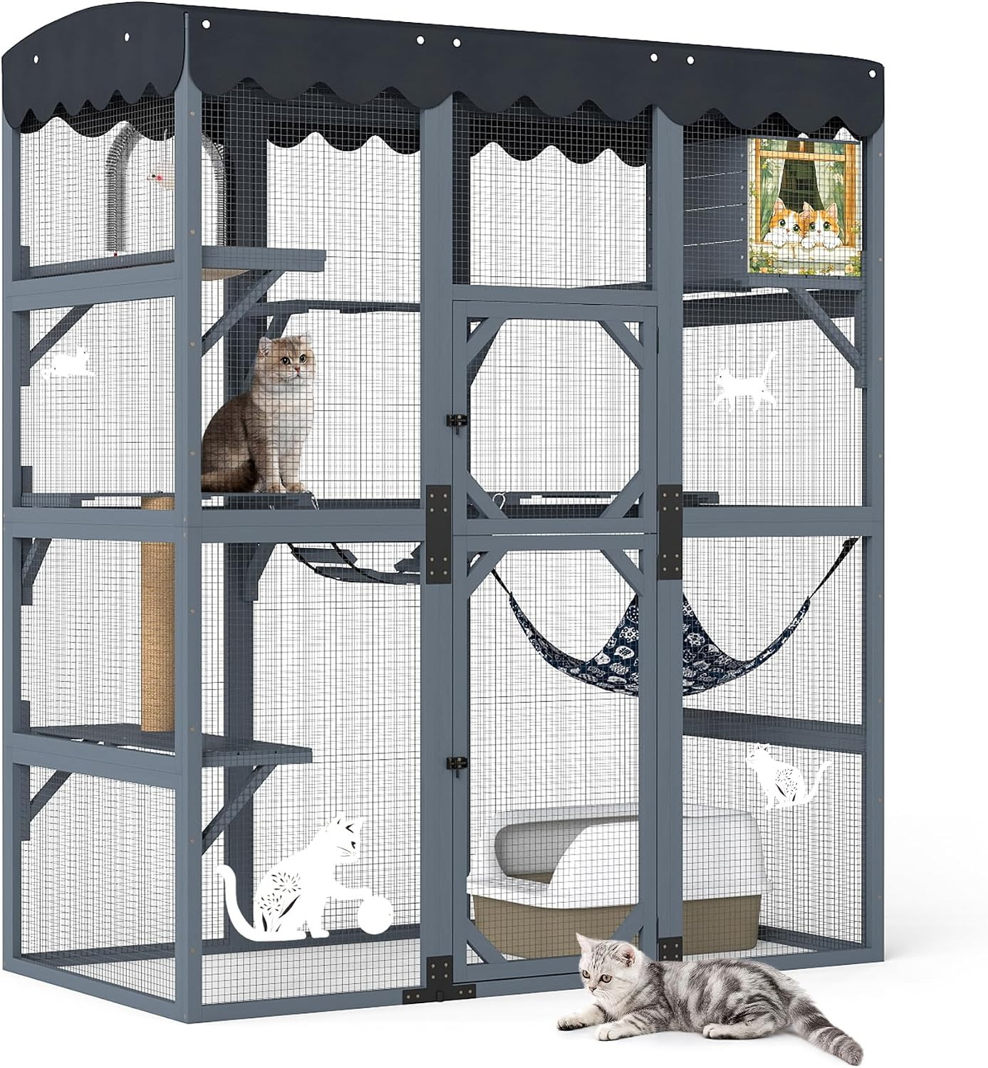 72Inches Large Wood Catio Outdoor Cat Enclosure with Waterproof Roof, Multi-Leve