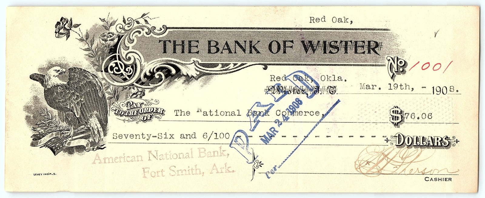 1908 Bank of Wister Red Oak OK Check, Eagle Design