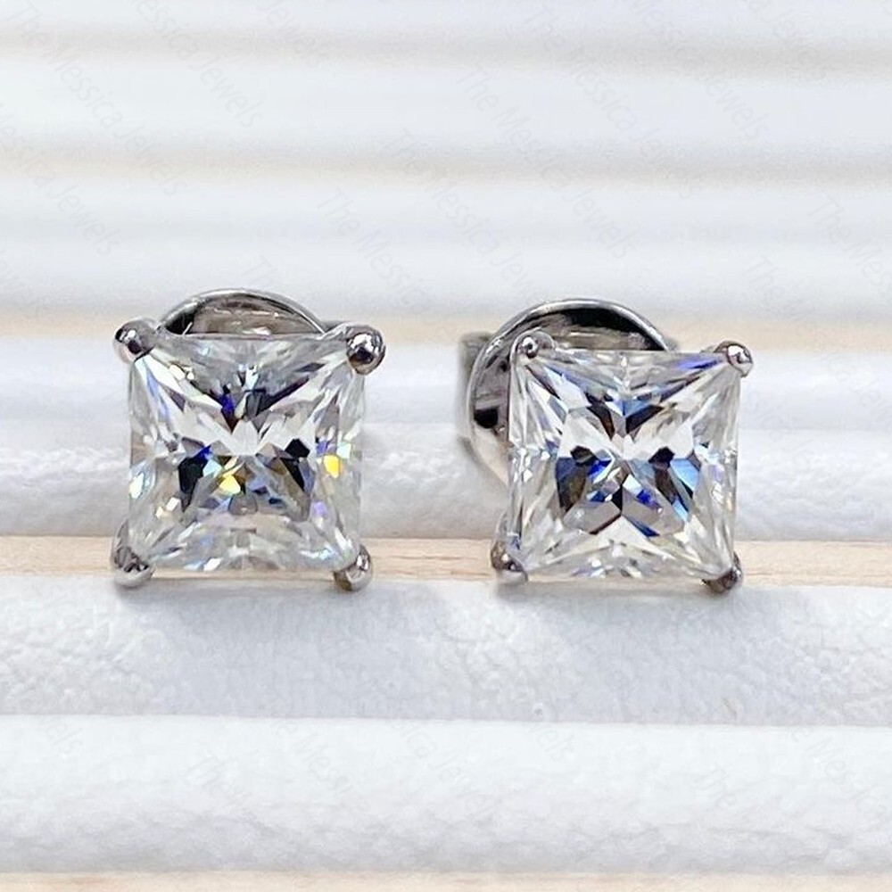 2.84 TCW Princess Cut Moissanite Push Back Earring 14k White Gold Plated 2.84 TCW Princess Cut Moissanite Push Back Earring 14k White Gold Plated