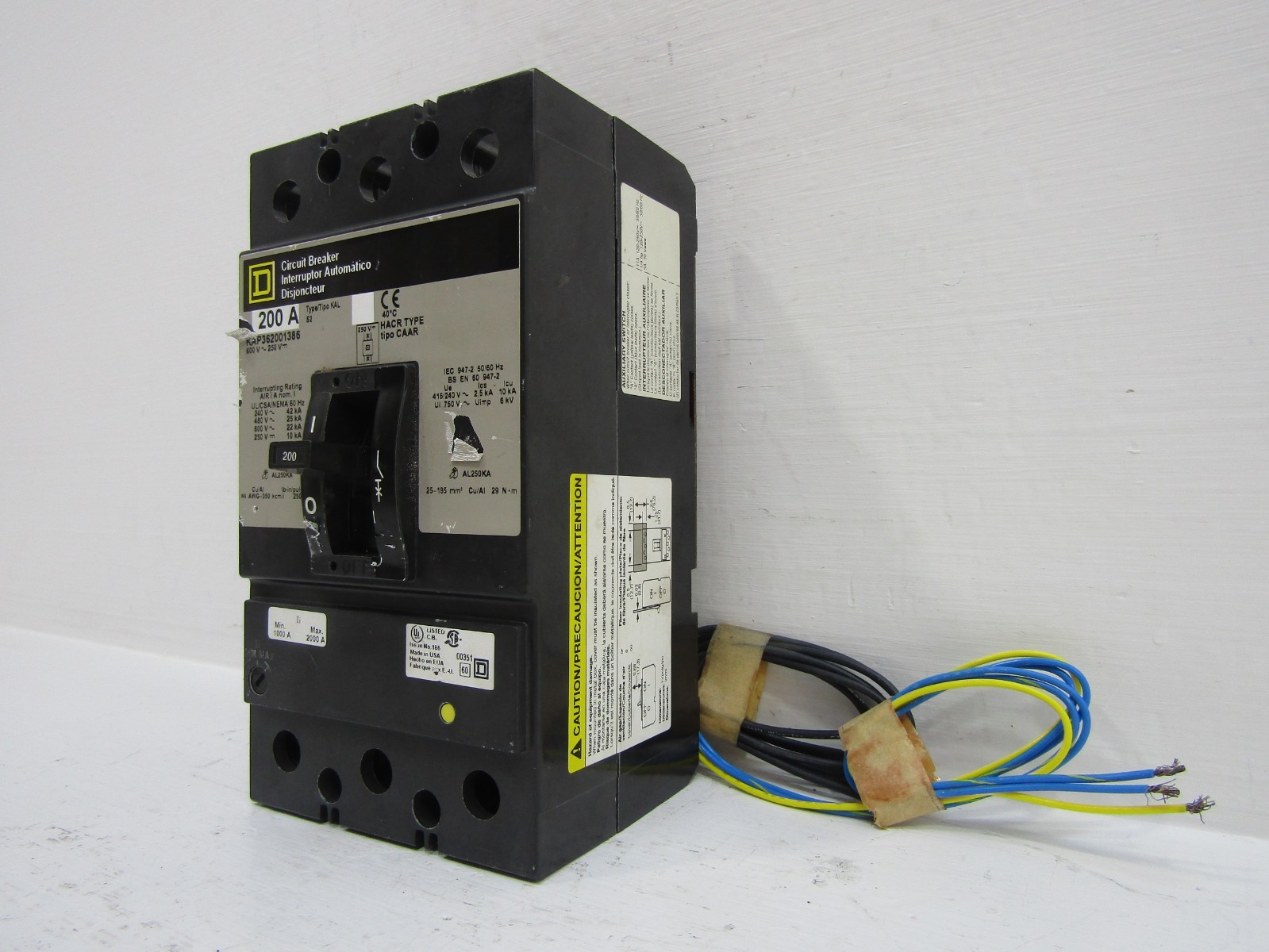 Square D KAP362001386 200 Amp 600V 3P Breaker 200A Shunt & Auxiliary KAP36200