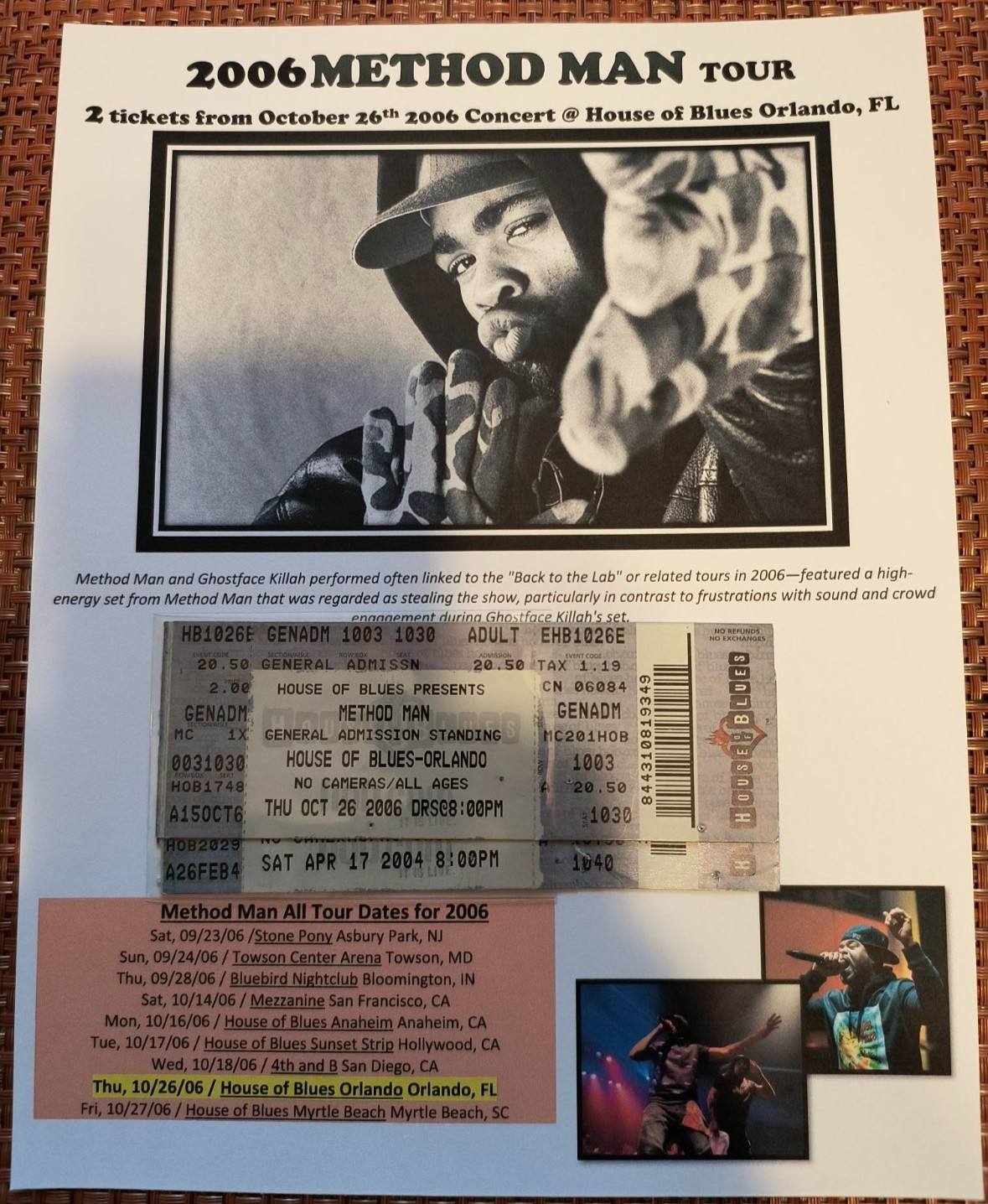 Method Man 2 tickets from 2006 with sheet description as shown
