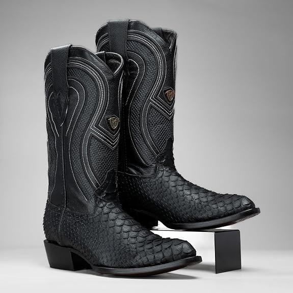 Men's J  Toe Python Snakeskin Leather Cowboy BootsPrint, black botas vaqueras