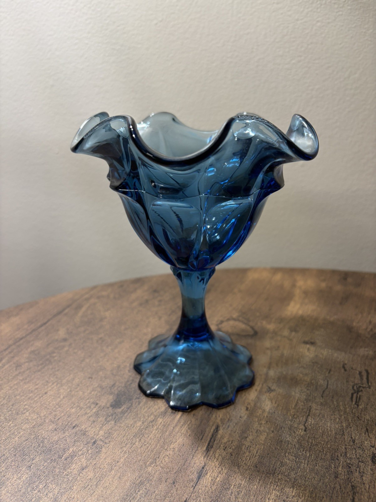 Vtg Fenton Valencia Pattern Twilight Blue Ruffled Edge Pedestal Compote Vtg Fenton Valencia Pattern Twilight Blue Ruffled Edge Pedestal Compote